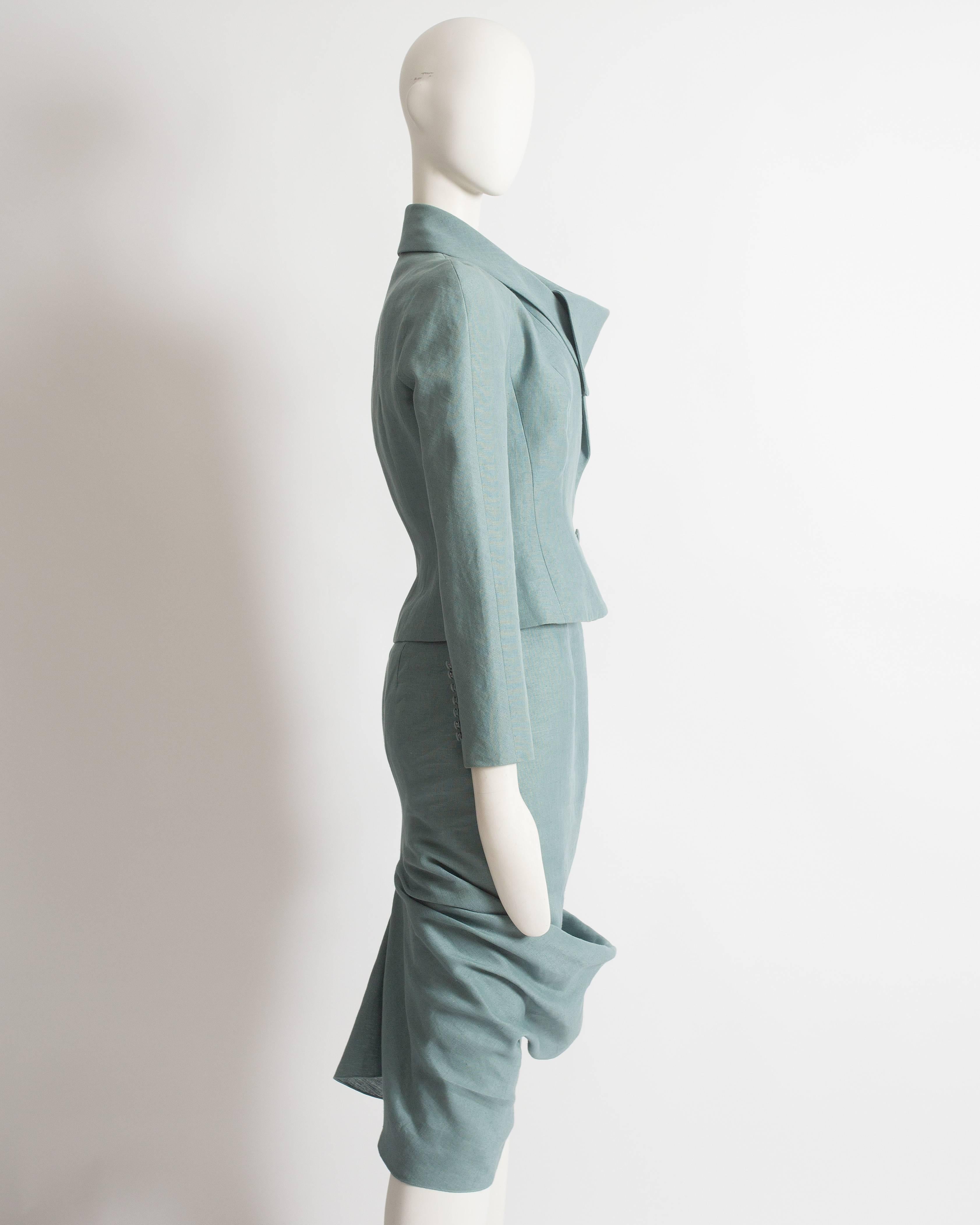 John Galliano teal linen jacket and draped skirt suit, ss 1999 In Excellent Condition For Sale In London, GB