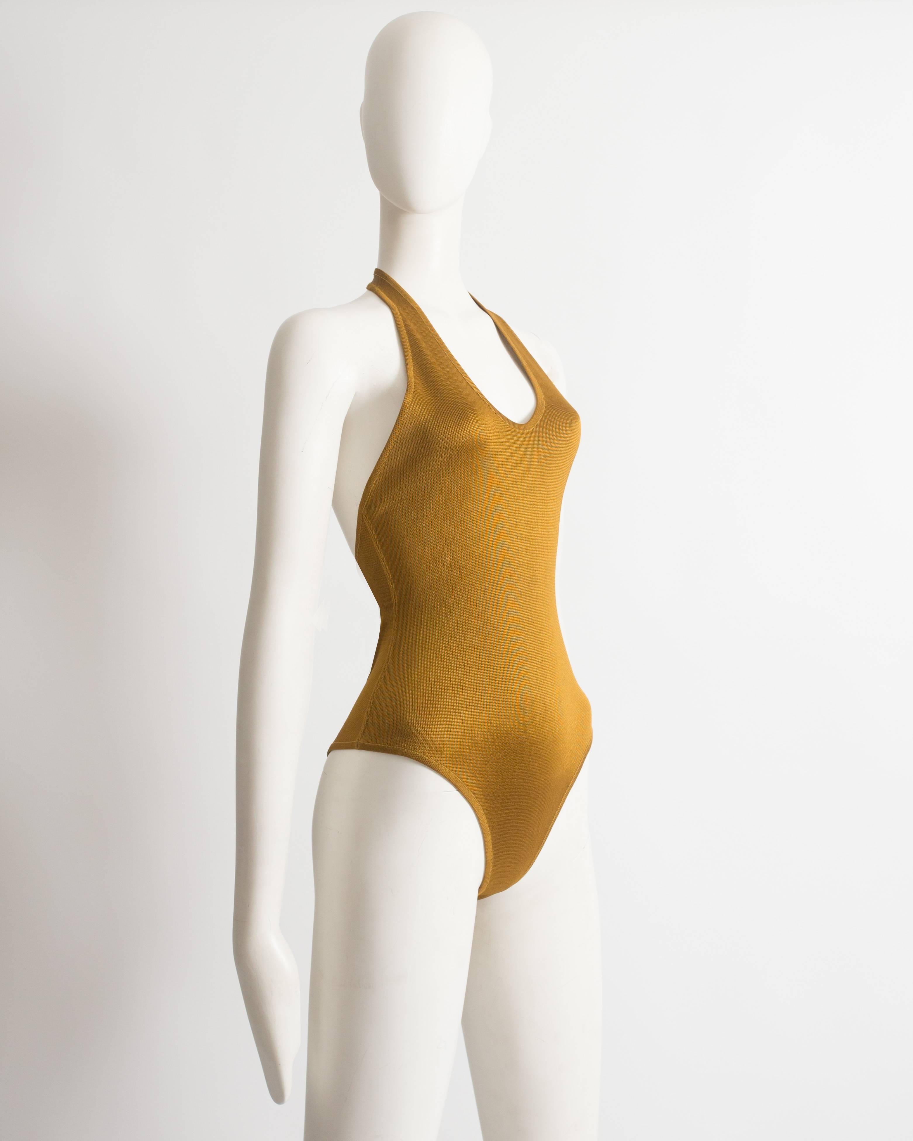 Women's Alaia brown mustard acetate knit halter neck body, circa 1989