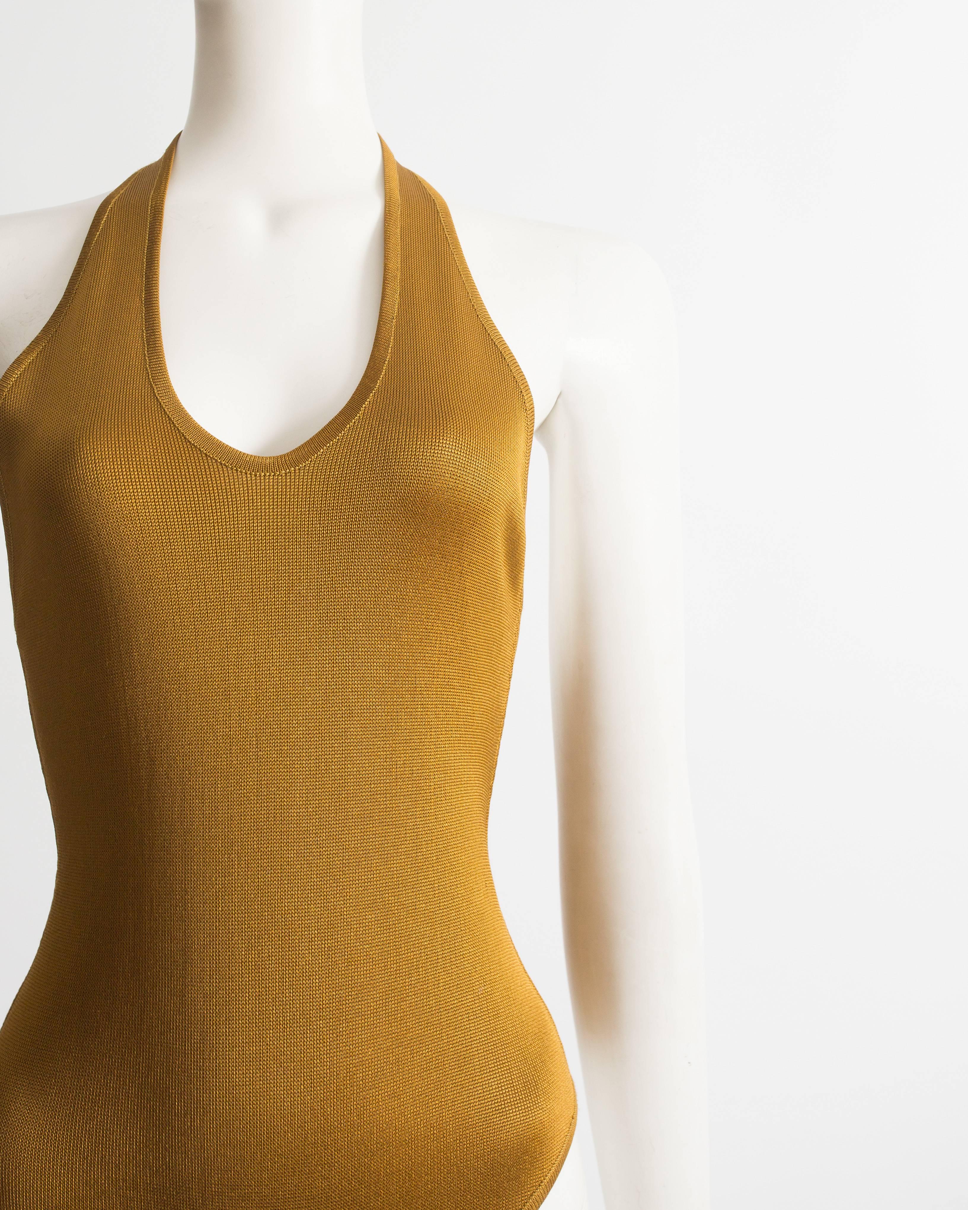 Alaia brown mustard acetate knit halter neck body, circa 1989 1