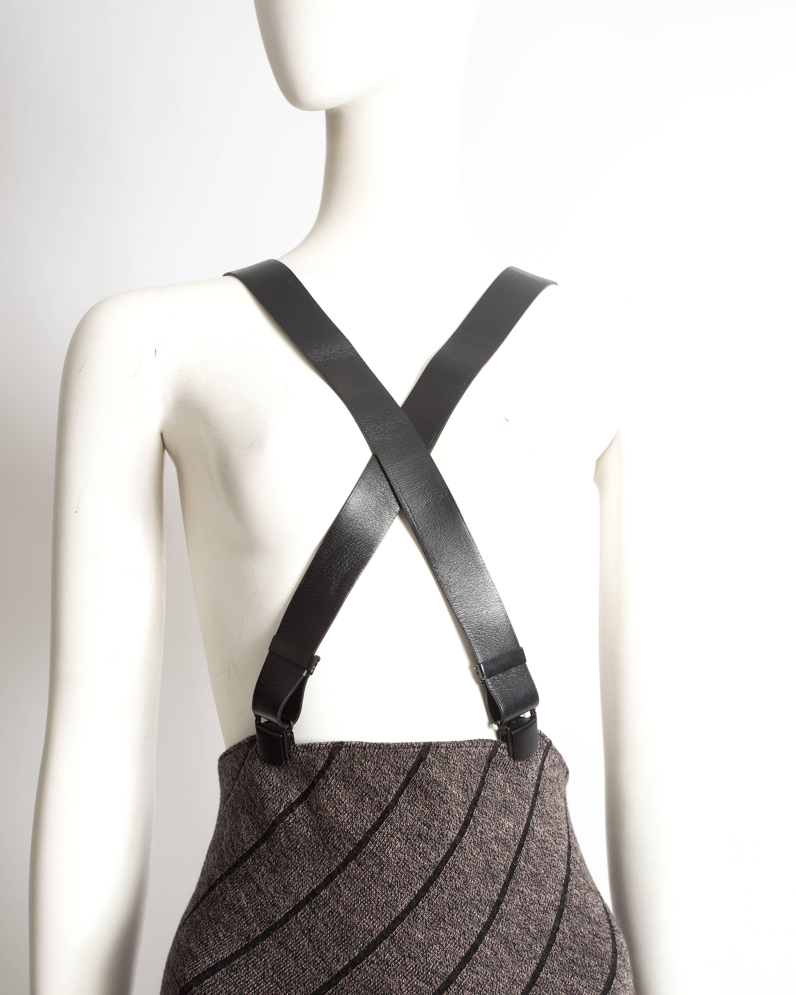 Azzedine Alaia grey knitted wool skirt with leather harness, fw 1987 For Sale 1