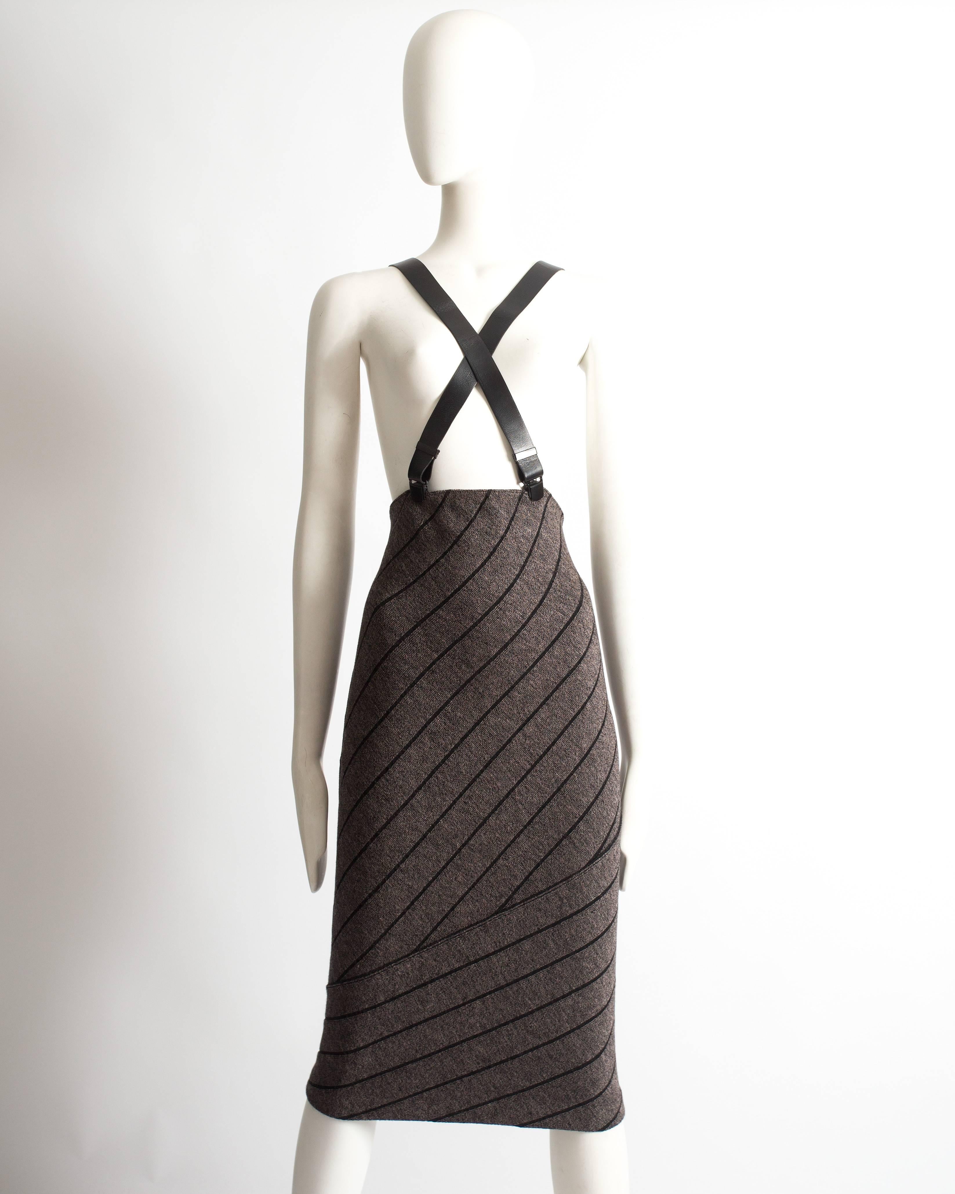 Black Azzedine Alaia grey knitted wool skirt with leather harness, fw 1987 For Sale