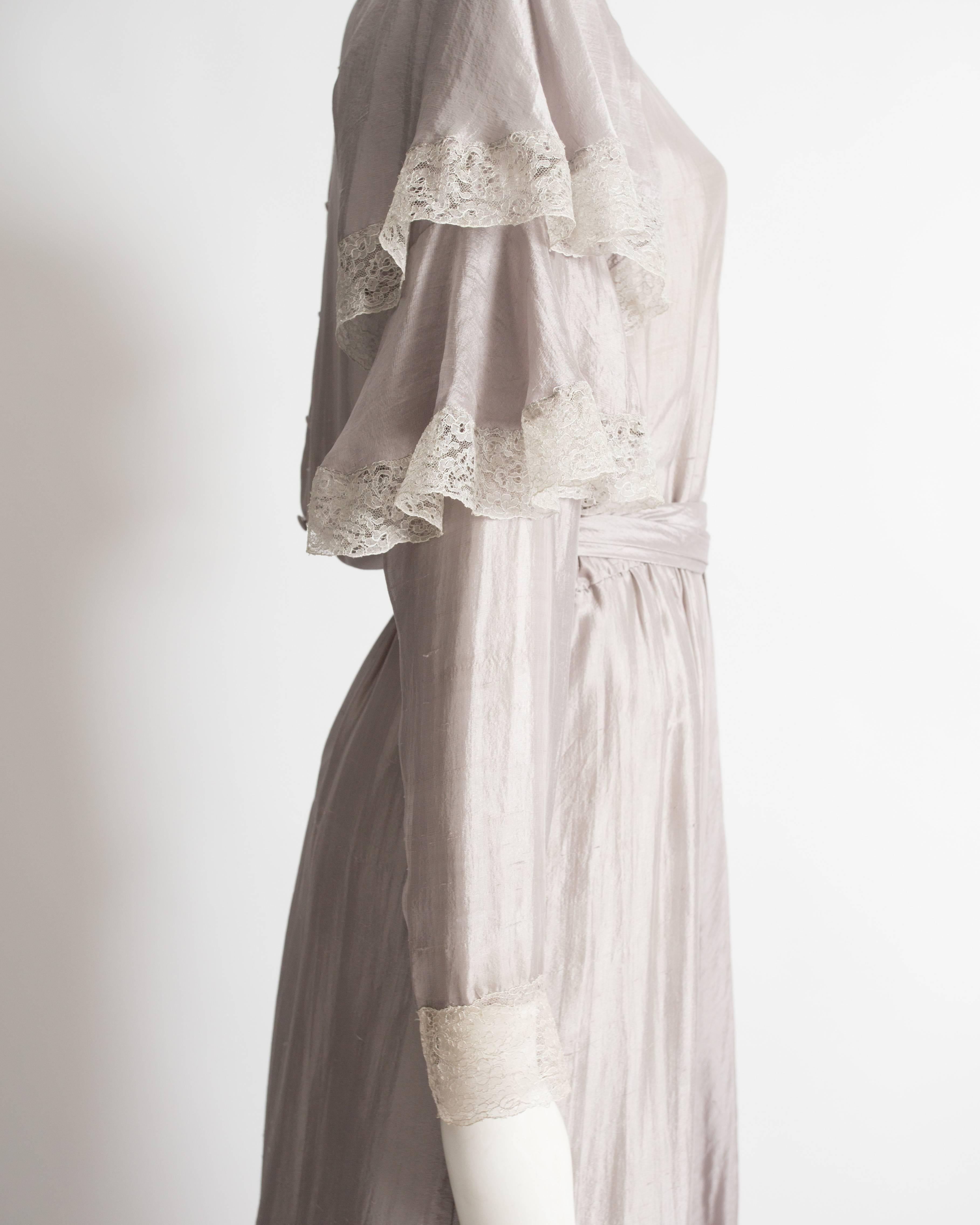 Gray Tan Giudicelli raw silk evening dress with lace trim, circa 1970s