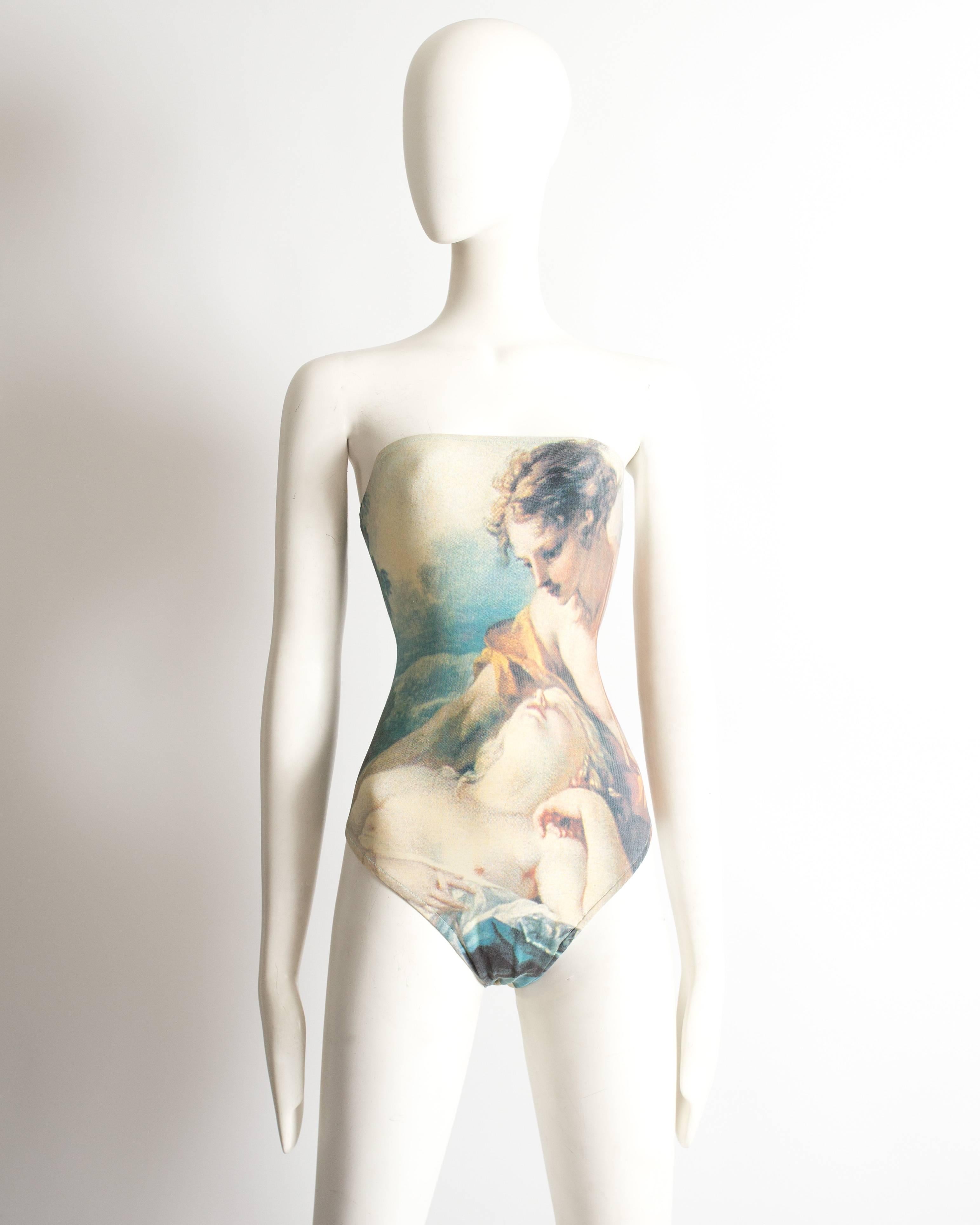 Vivienne Westwood stretch leotard from the Spring-Summer 1991. Features a printed François Boucher oil painting 'Daphnis and Chloe' c. 1743.
