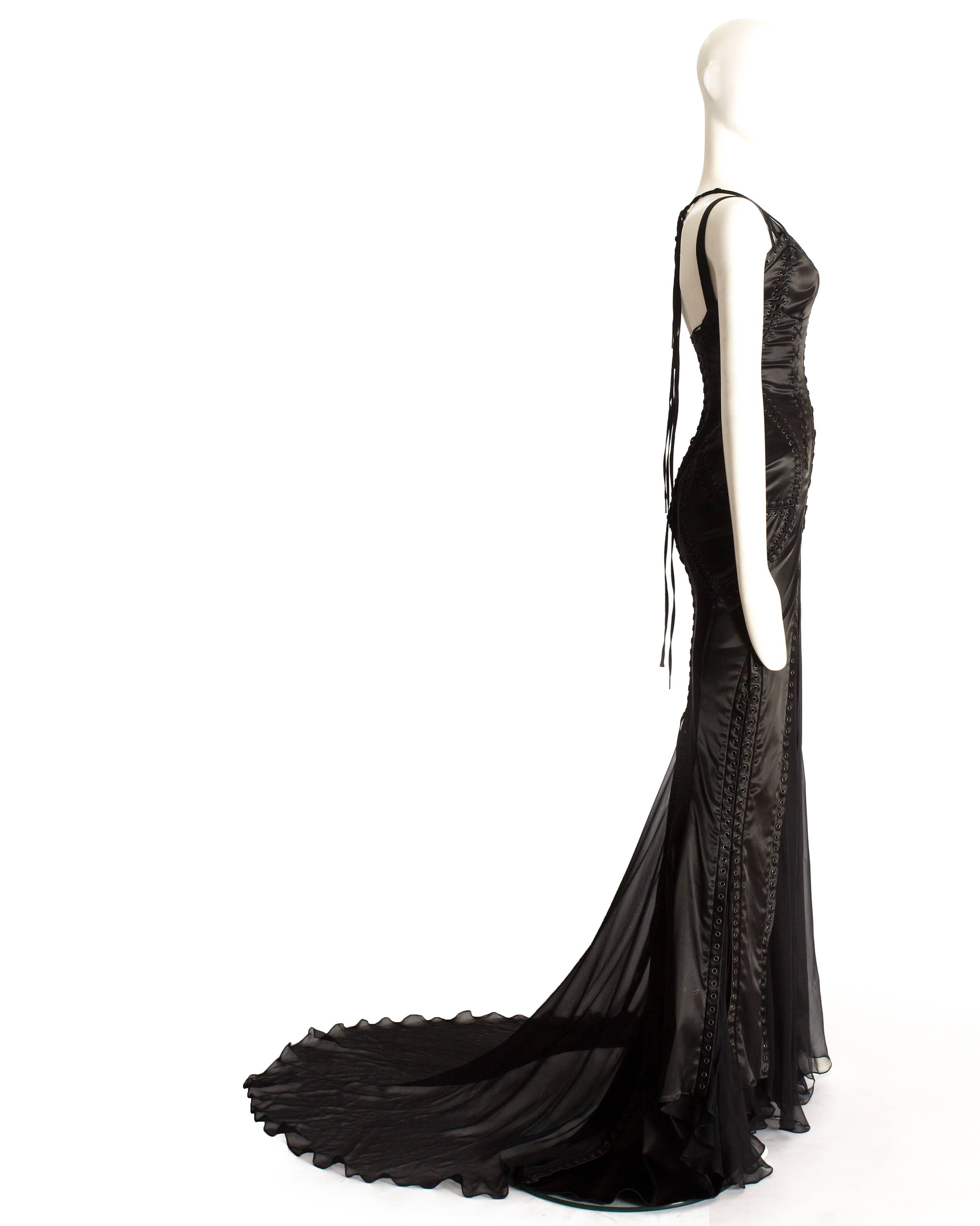 Dolce & Gabbana black satin full length lace up evening gown, AW 2003 In Good Condition In London, GB