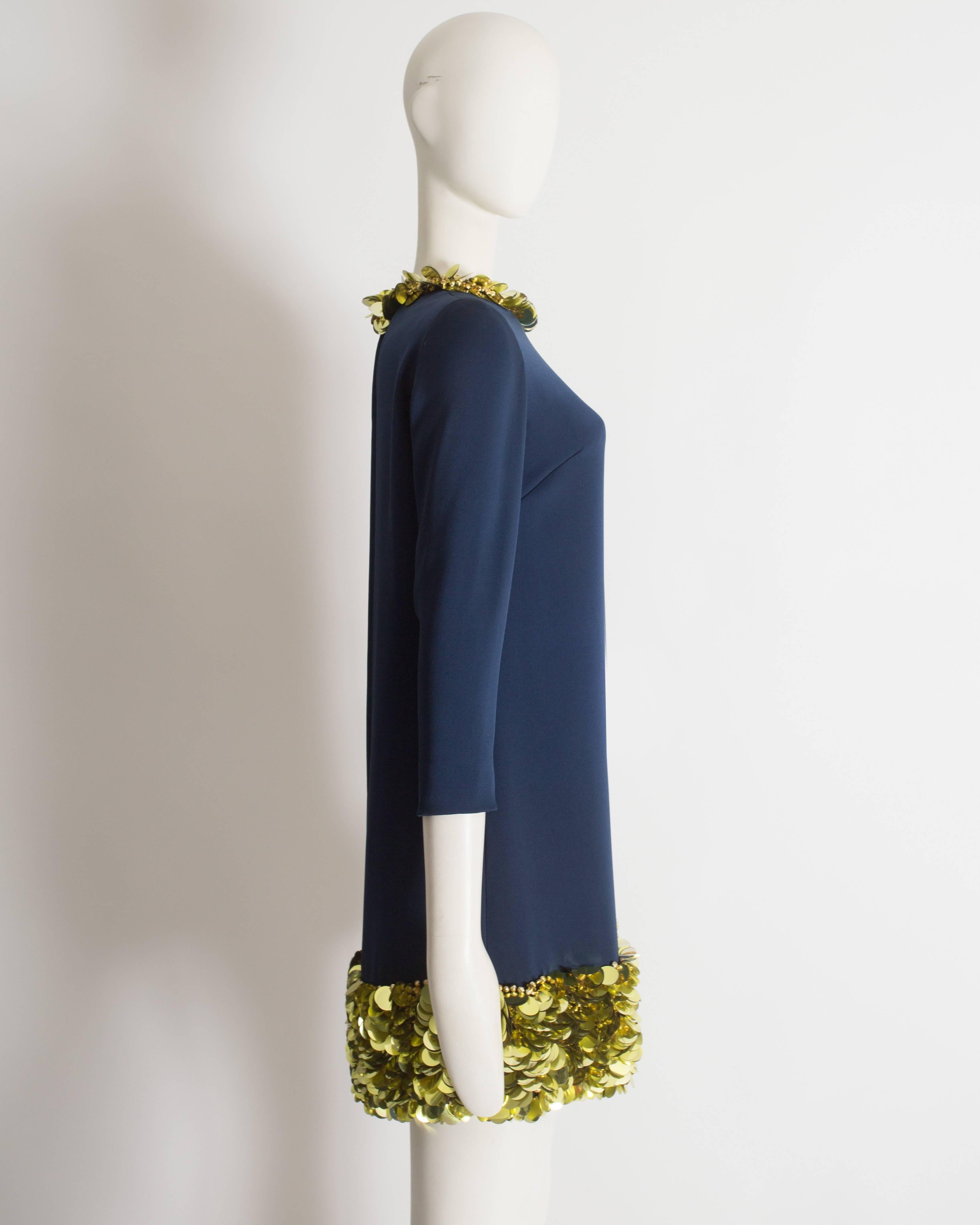 Women's Vintage Couture blue silk mini evening dress with gold embellishments, c. 1960s For Sale