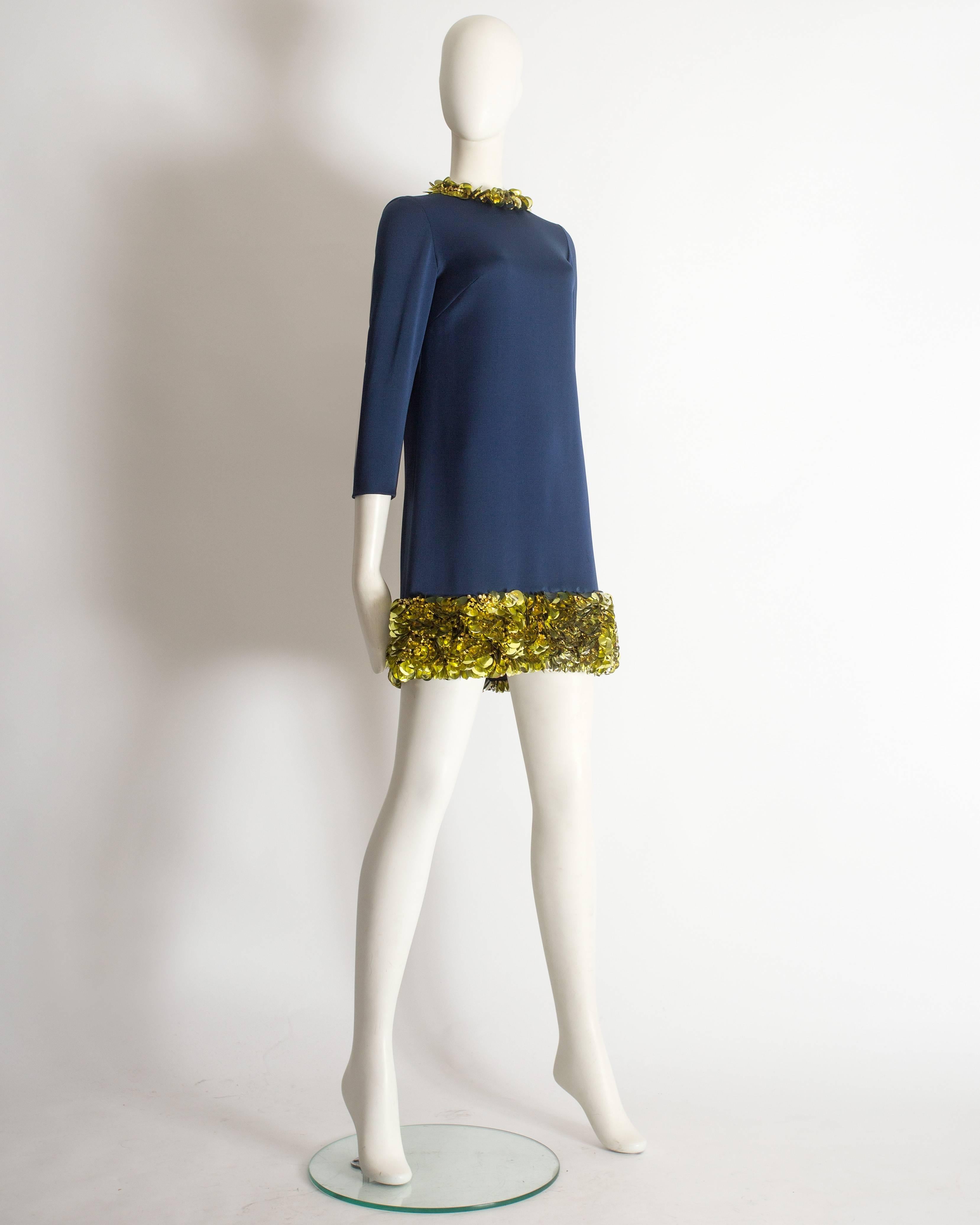Black Vintage Couture blue silk mini evening dress with gold embellishments, c. 1960s For Sale
