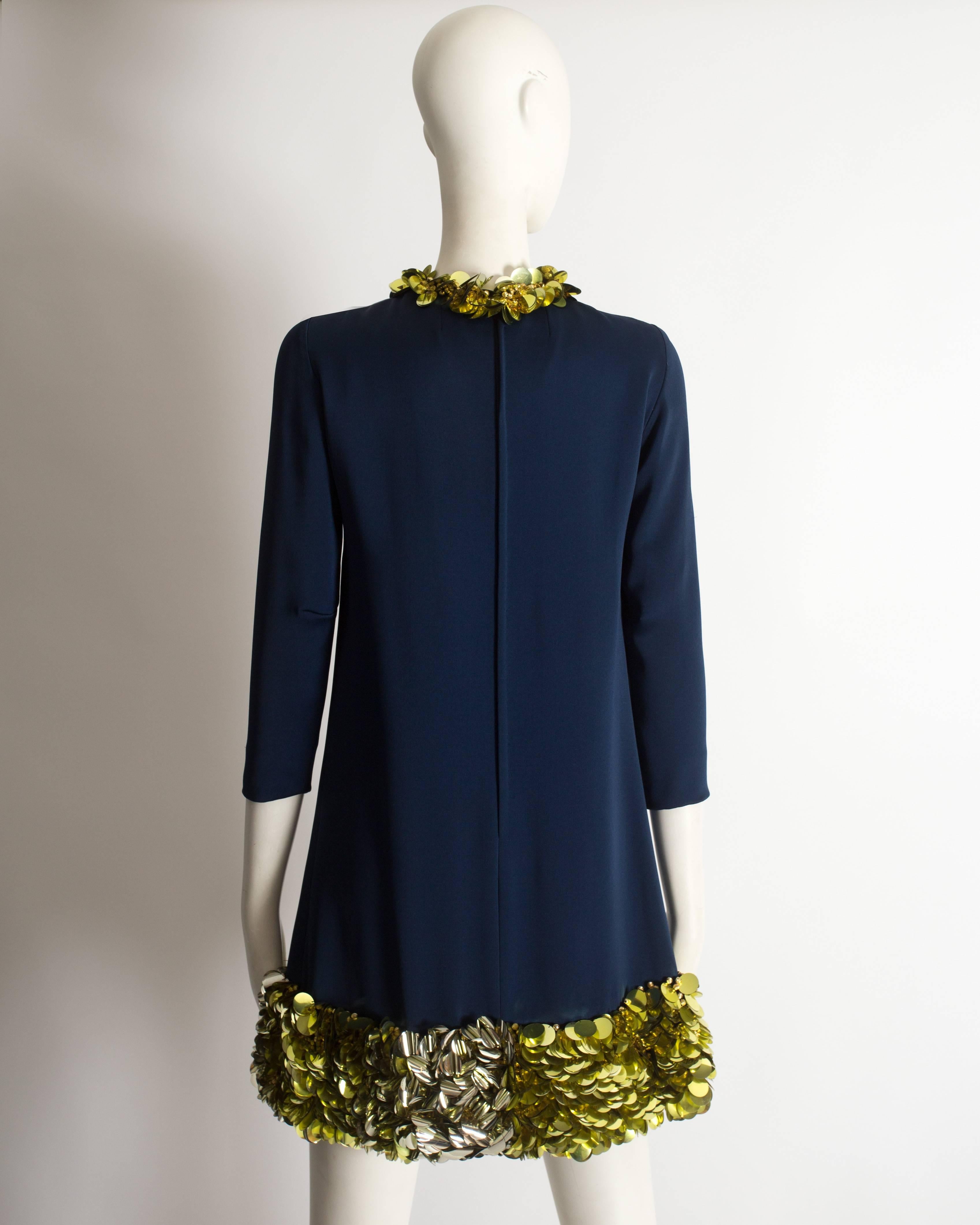 Vintage Couture blue silk mini evening dress with gold embellishments, c. 1960s For Sale 1