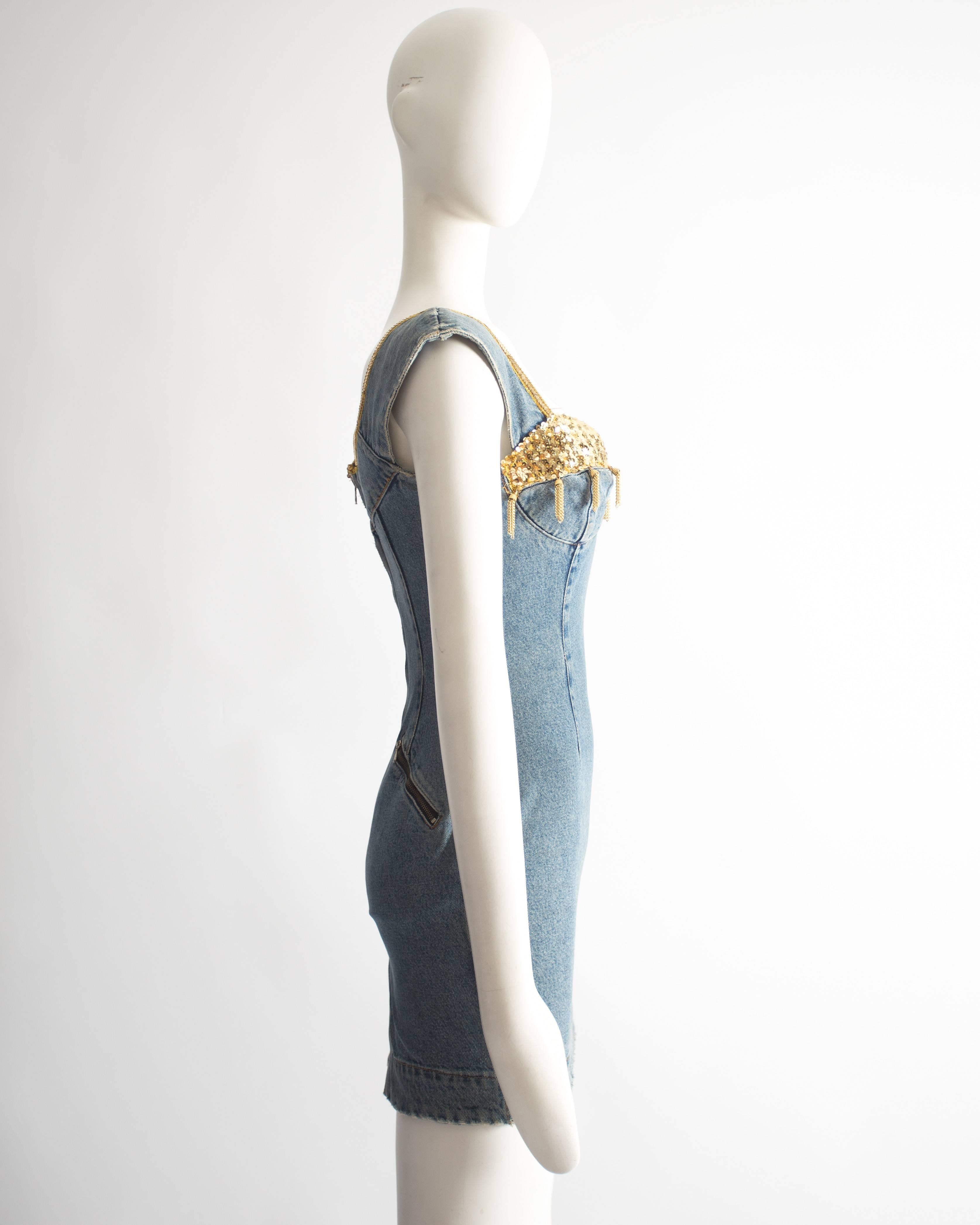 Katharine Hamnett denim mini dress with tassels, circa 1990s In Good Condition In London, GB