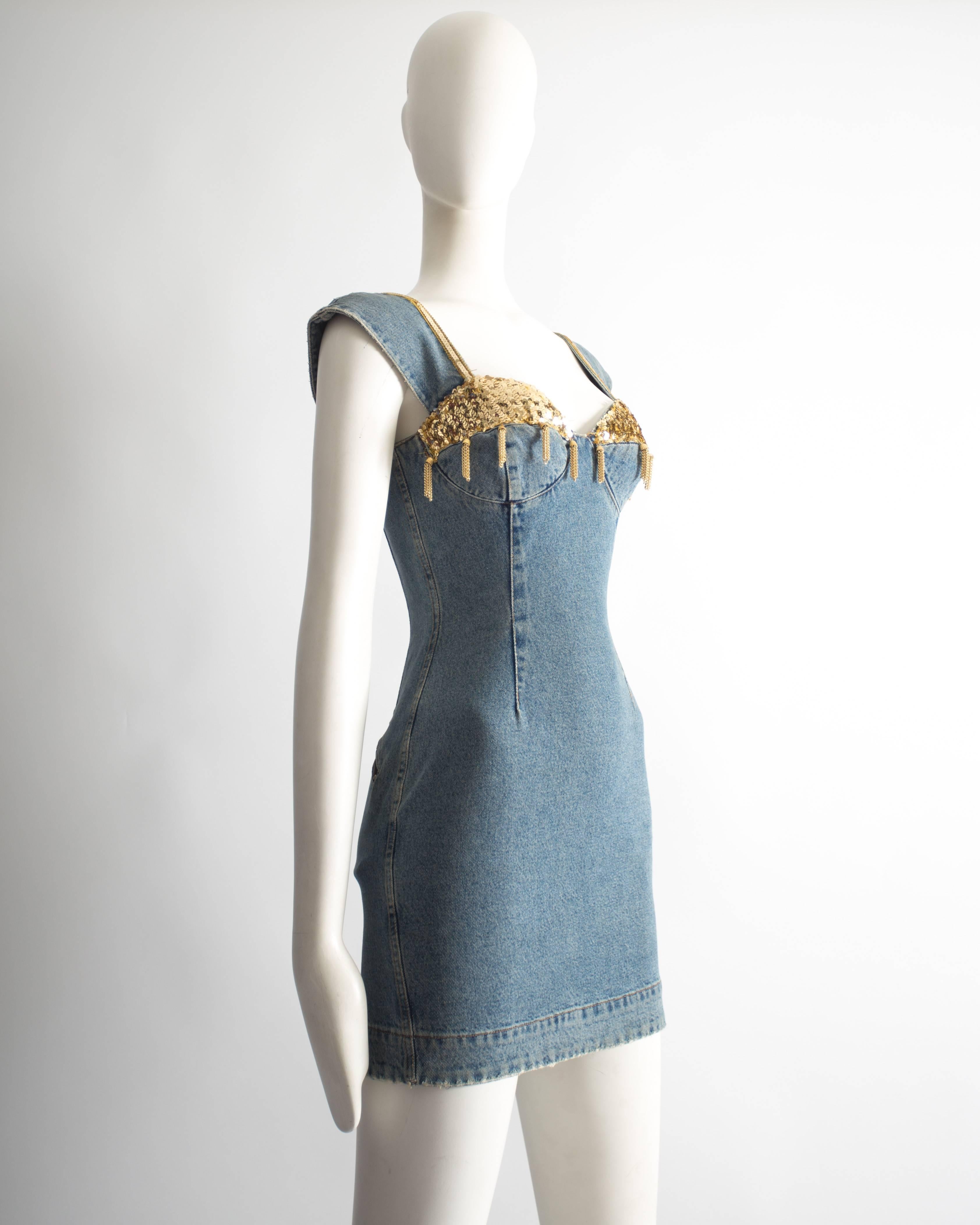 Gray Katharine Hamnett denim mini dress with tassels, circa 1990s