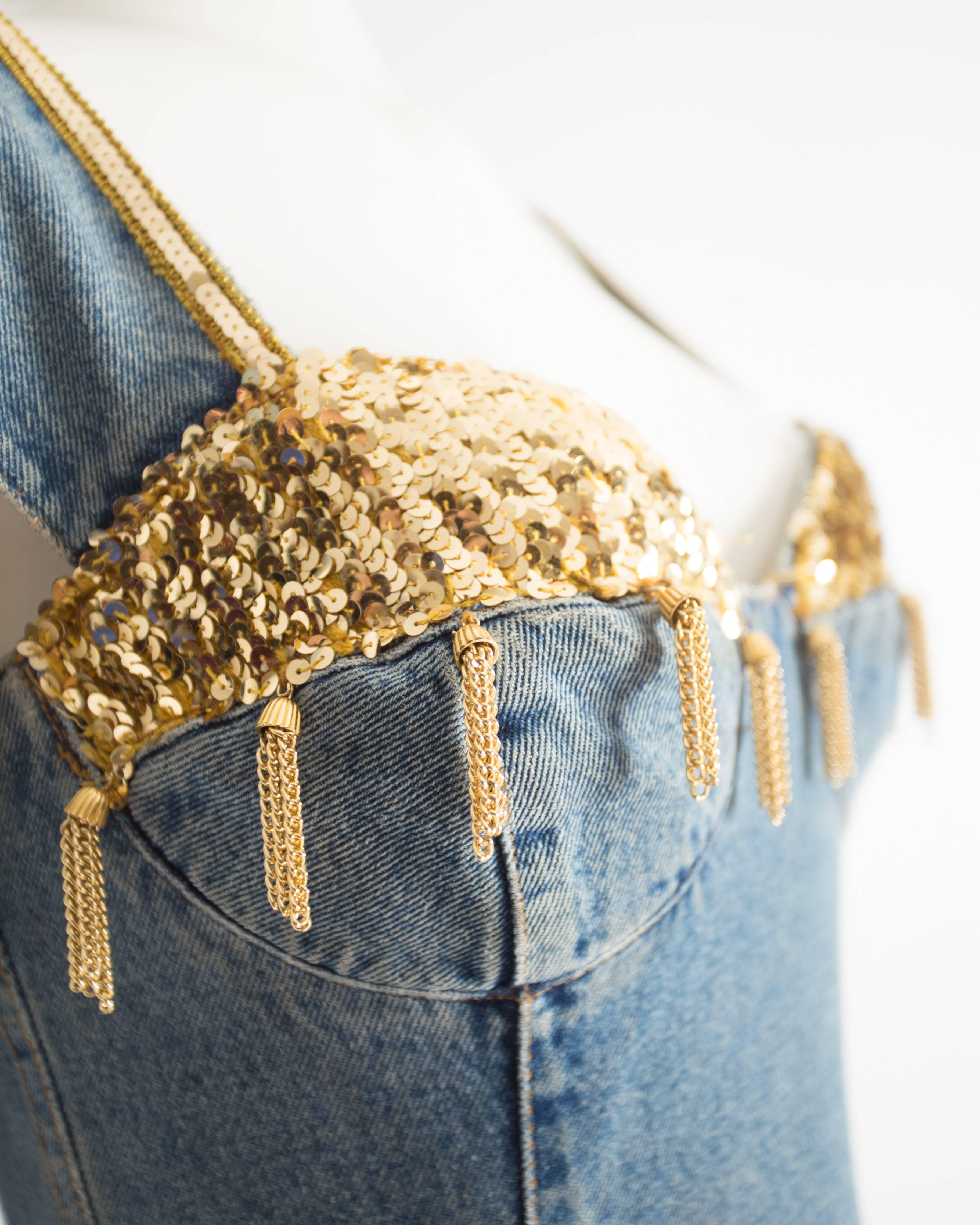 Women's Katharine Hamnett denim mini dress with tassels, circa 1990s