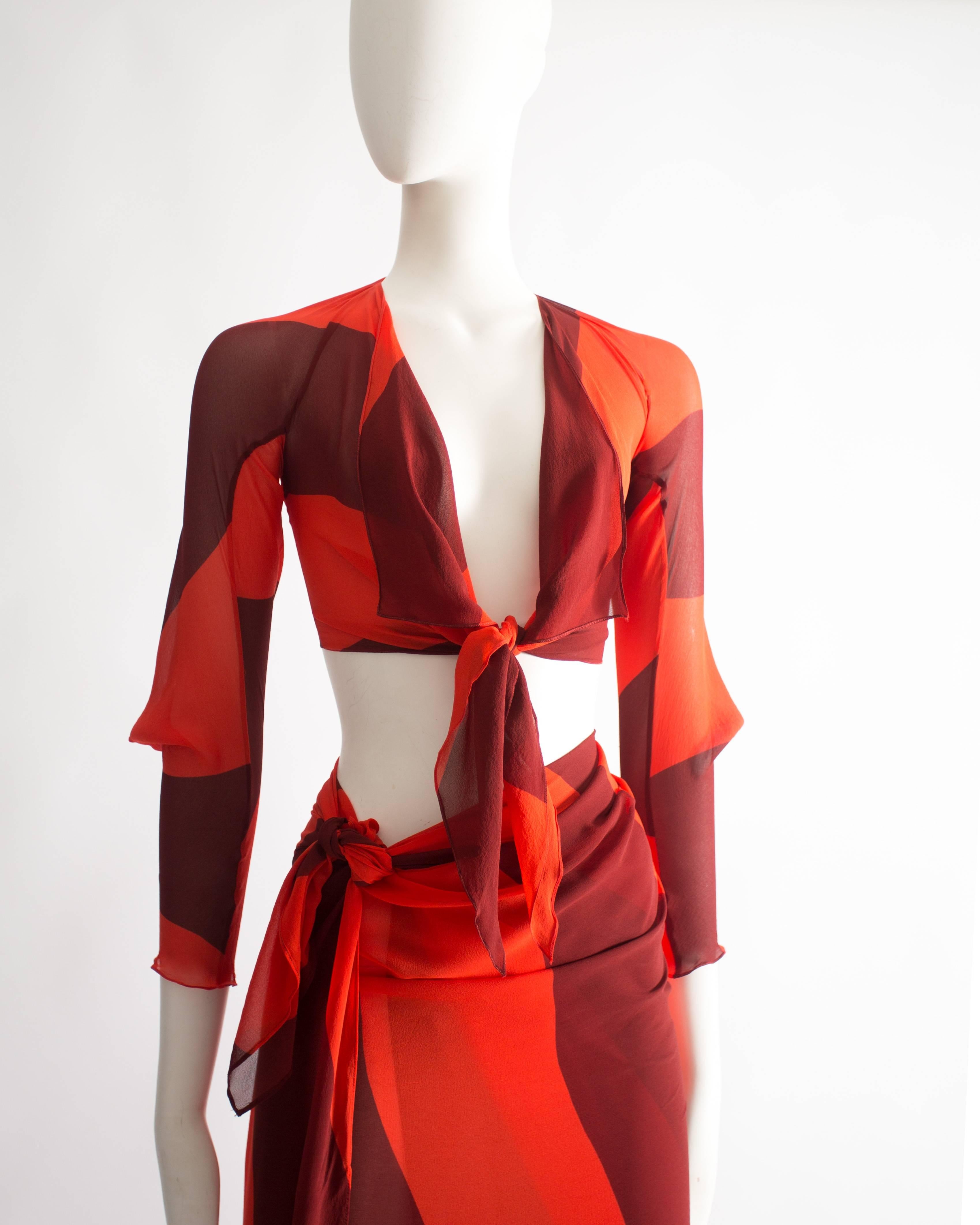 Red Vivienne Westwood silk chiffon sarong ensemble, Spring-Summer 1998