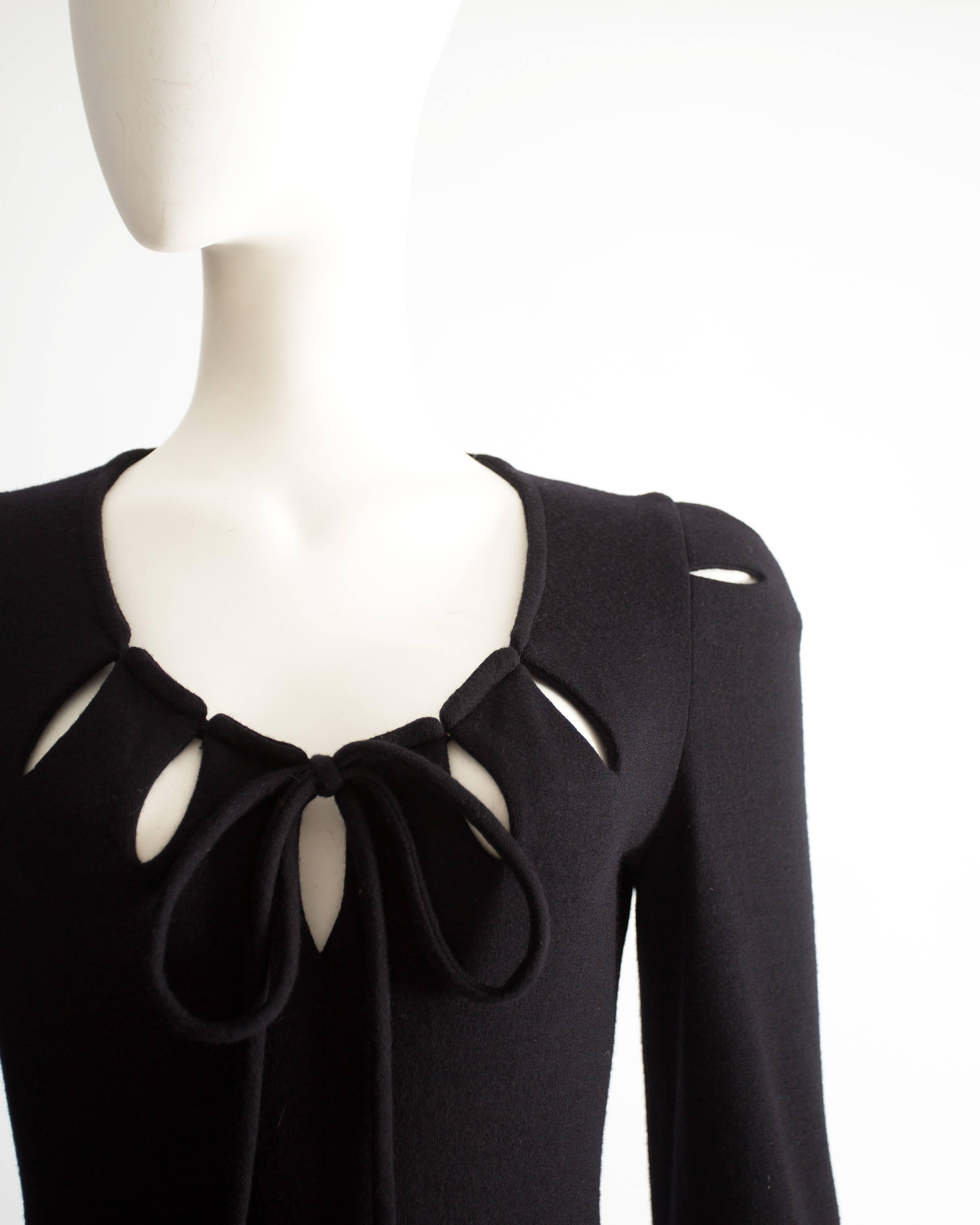 Black Ossie Clark black wool mid-length dress with cut-outs, Circa 1973