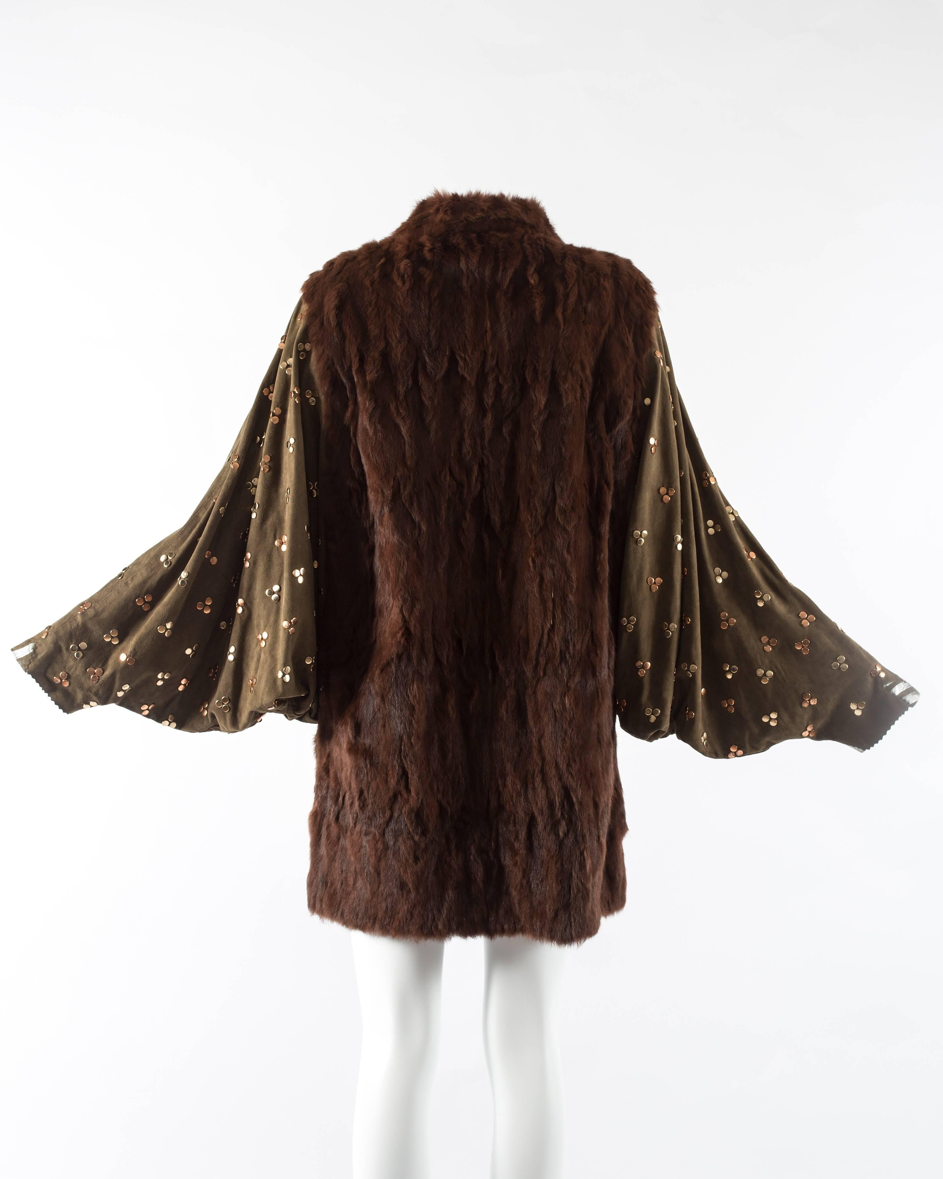 Chloe mink fur coat with studded suede batwing sleeves, circa 1980s. Open design with no closures, metallic silver paint on the cuffs and inside, and slits on the side. 