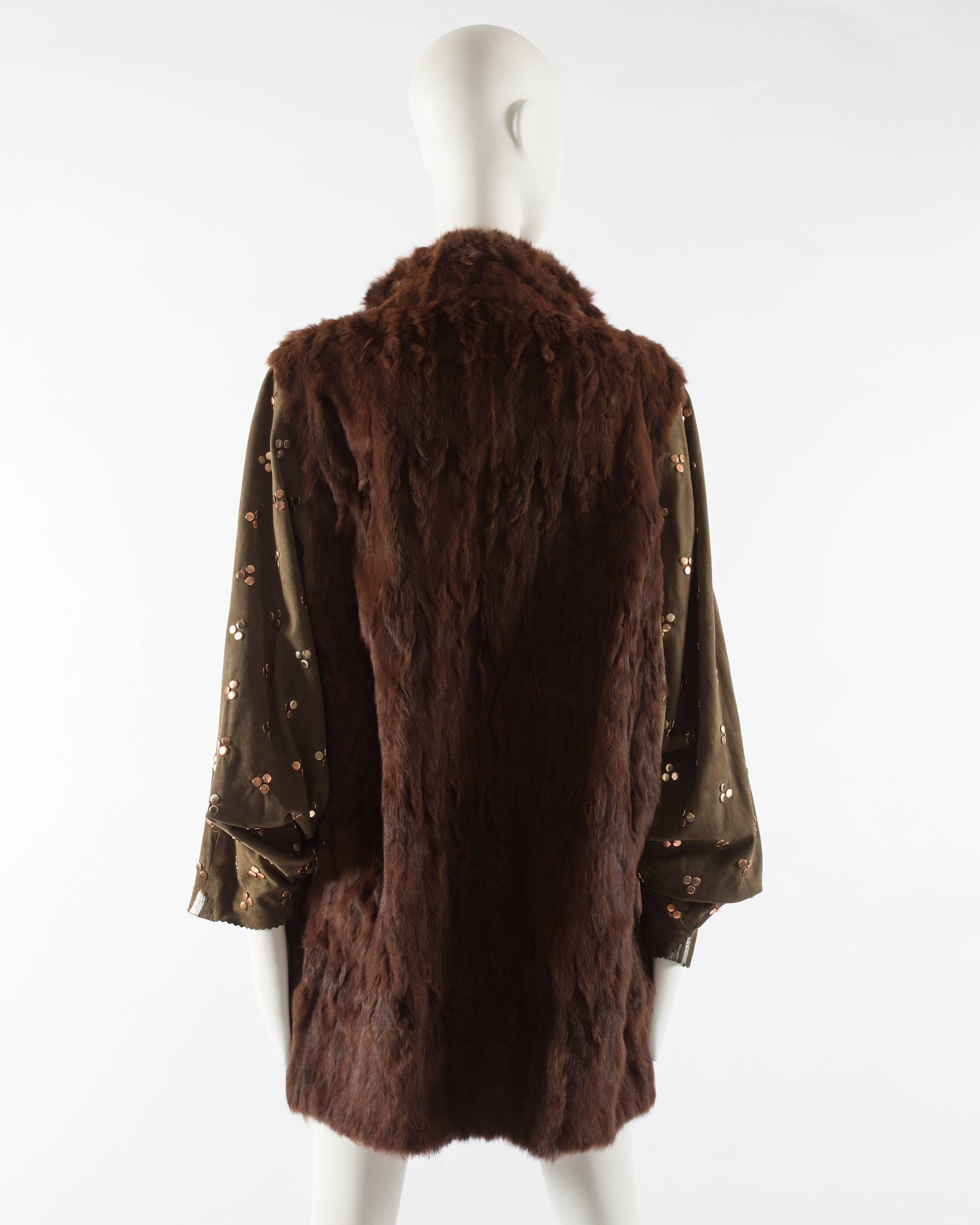 Black Chloe mink fur coat with studded suede batwing sleeves, circa 1980s