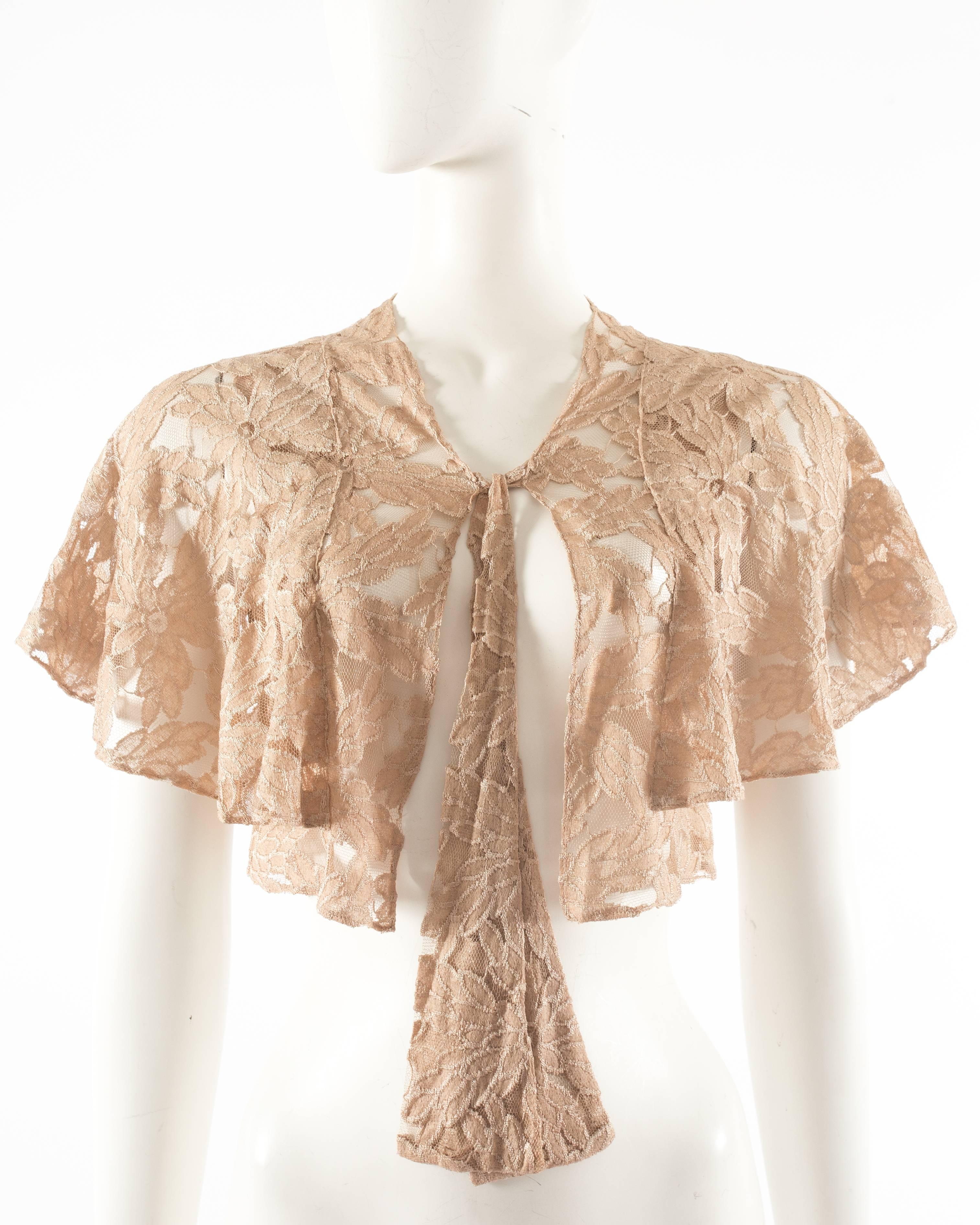 Brown 1930s champagne silk lace bias cut evening dress and bolero 