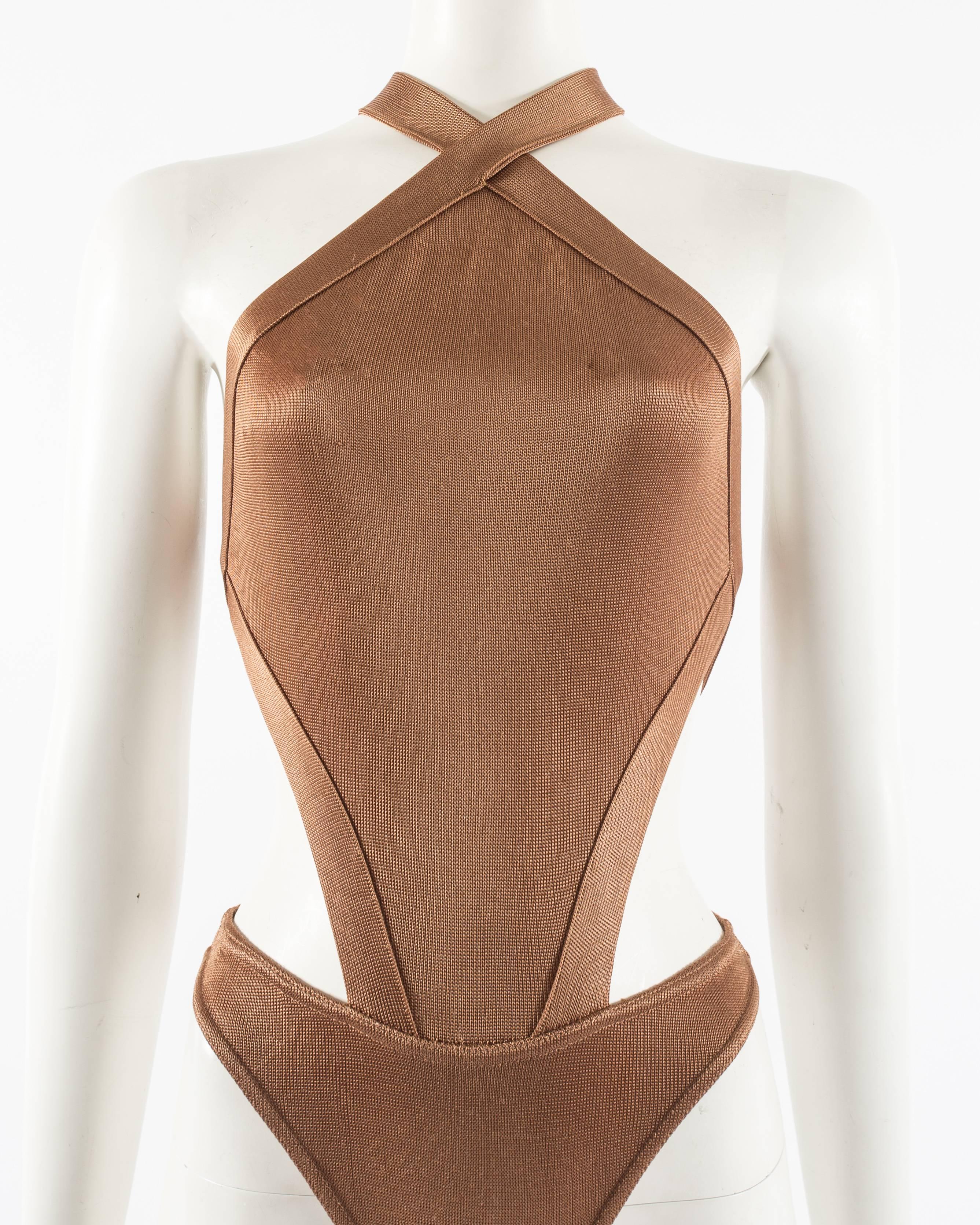 Women's Azzedine Alaia Spring-Summer 1986 bronze acetate knitted bondage bodysuit