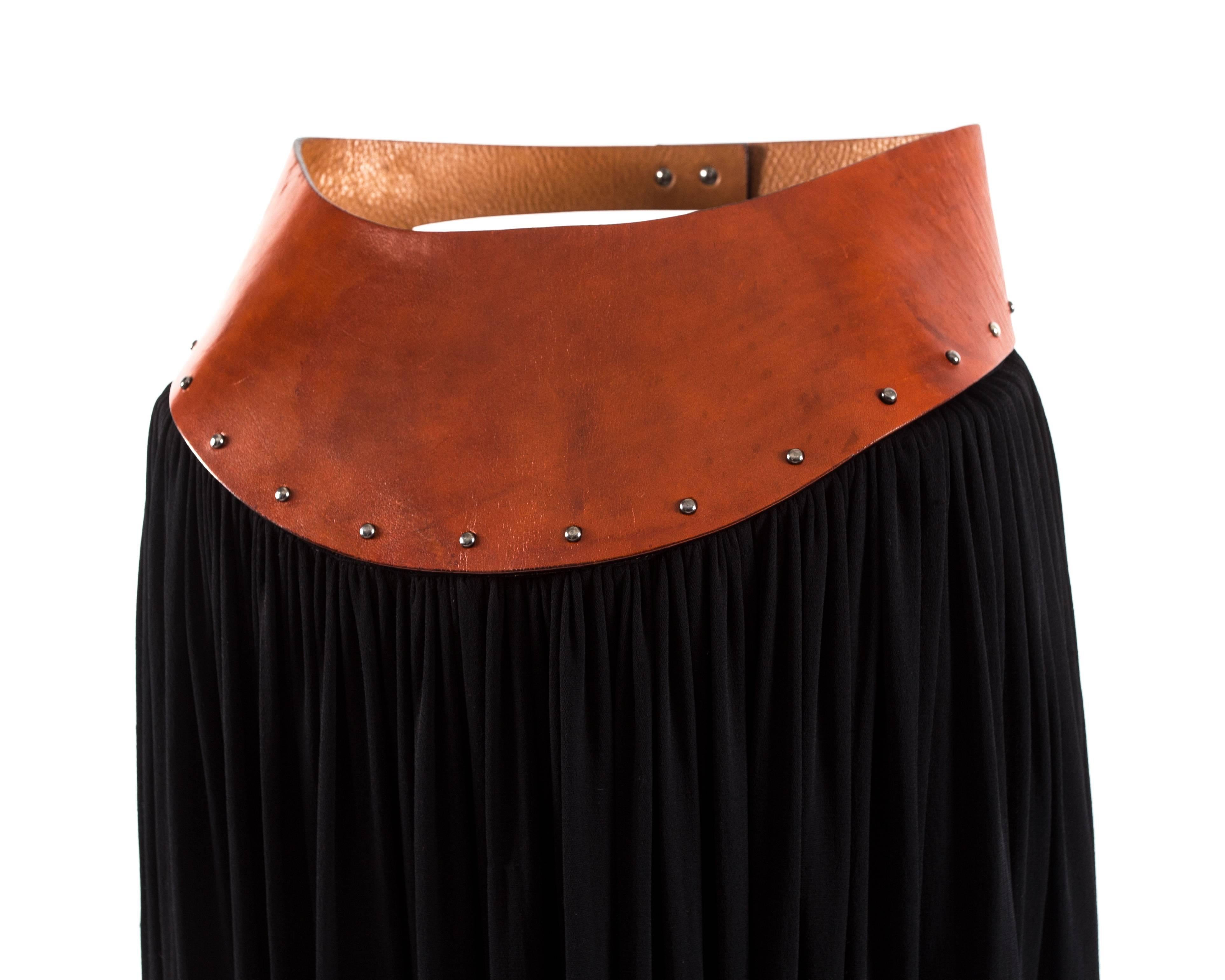 Black Jean Paul Gaultier black pleated skirt with tan leather waistband, ss 2000 For Sale