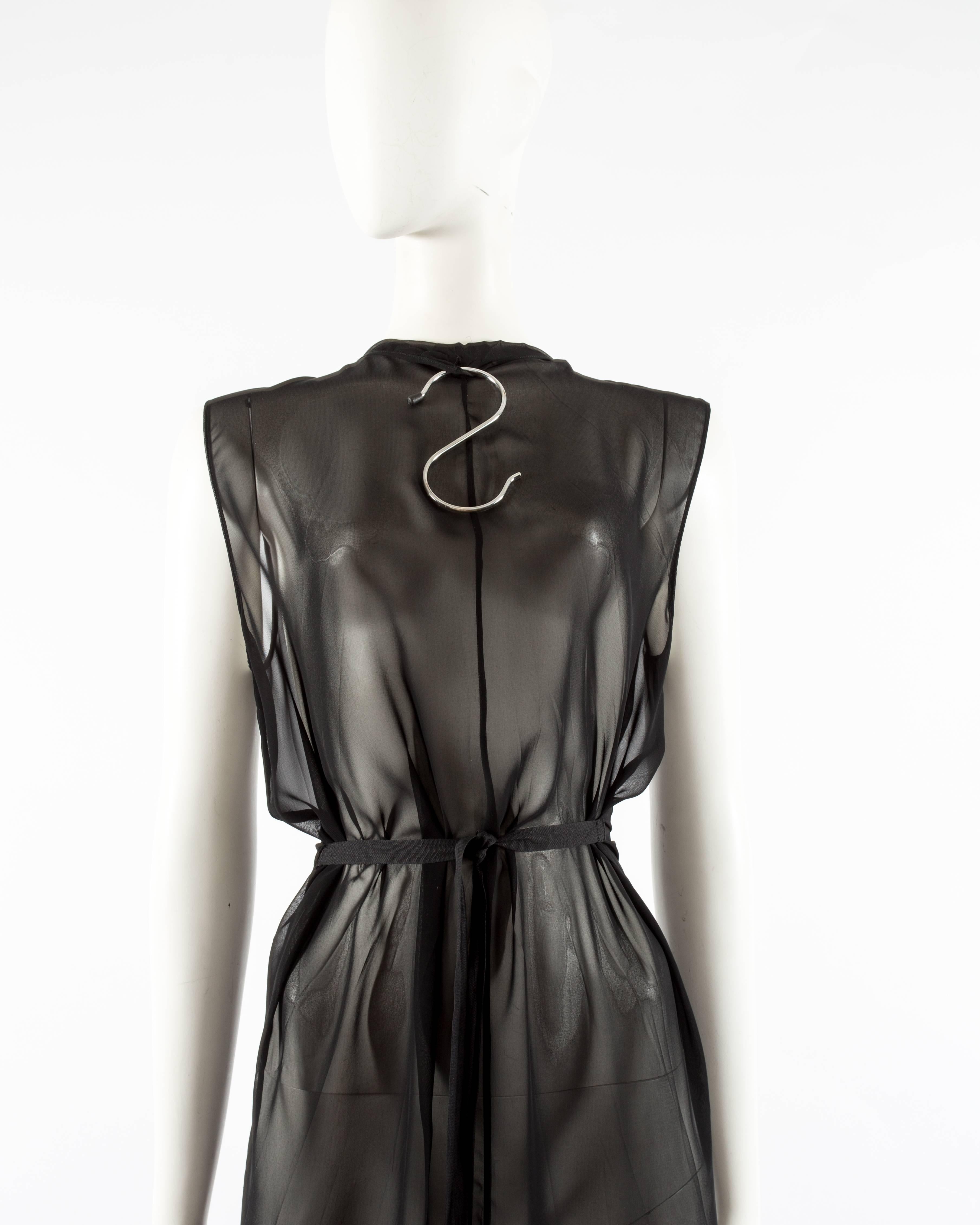 Black Martin Margiela black silk chiffon evening wrap dress with metal s-hook, ss 1999 For Sale