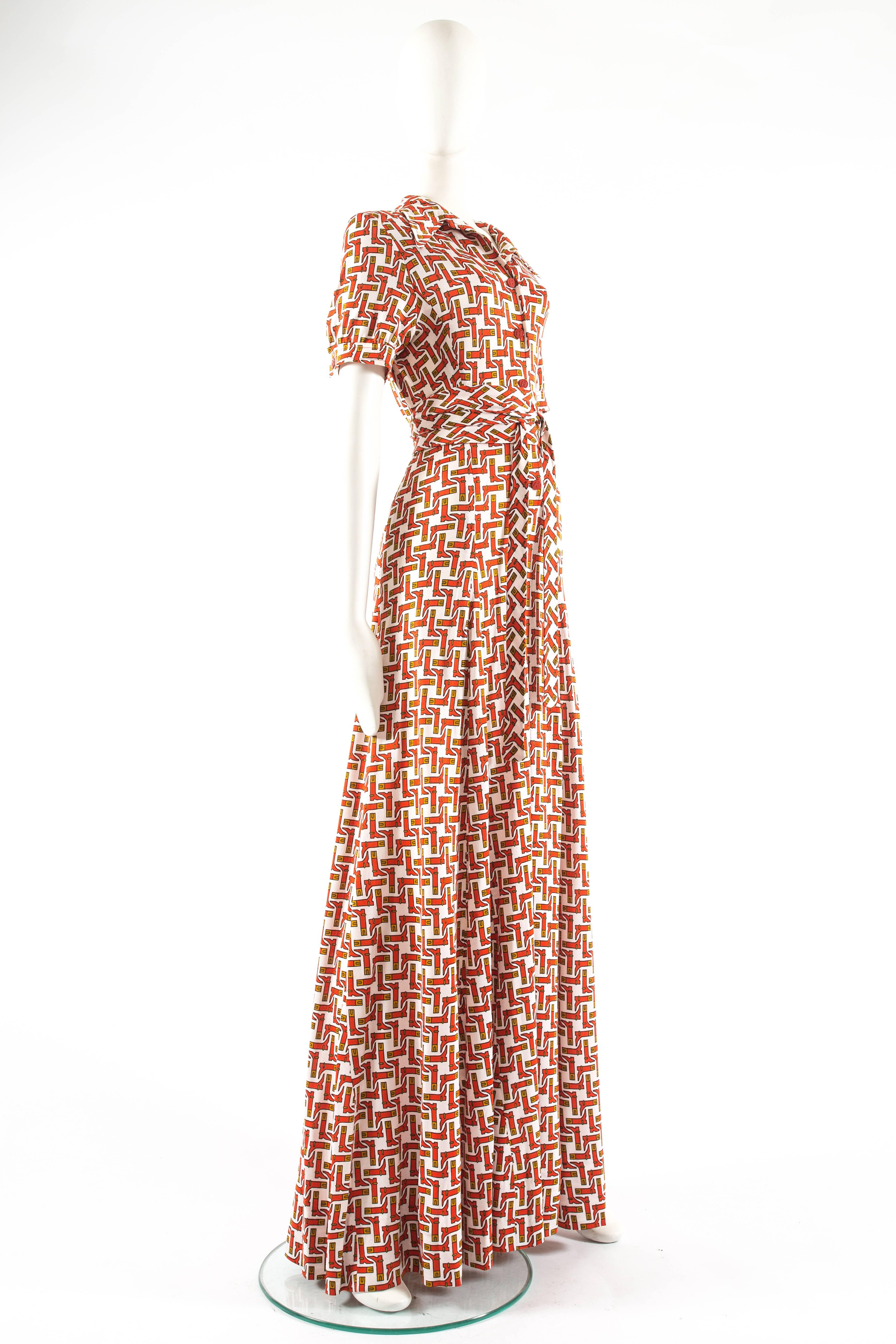 Brown Hermes 1970s novelty print jersey maxi dress