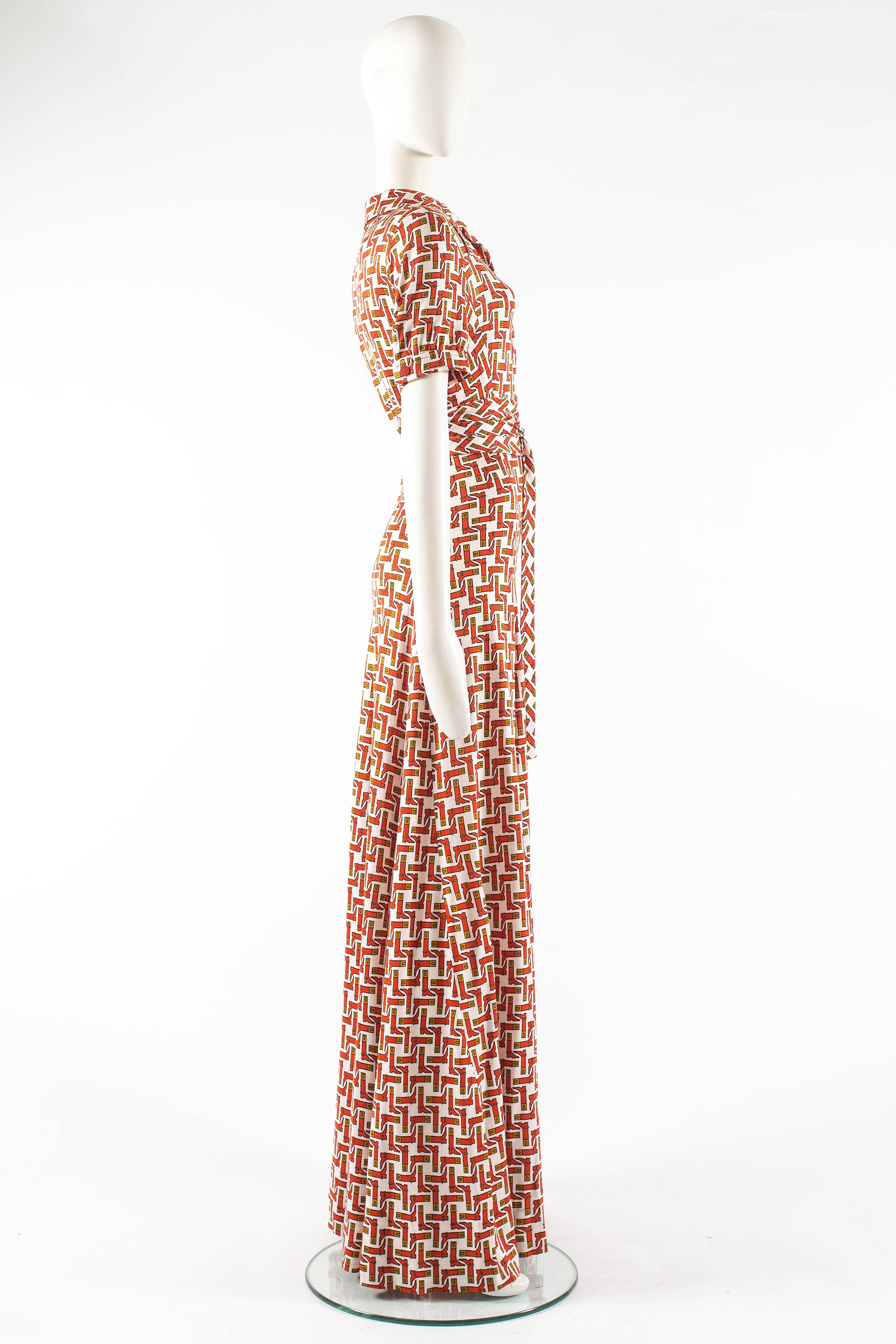 Hermes 1970s novelty print jersey maxi dress In Excellent Condition In London, GB