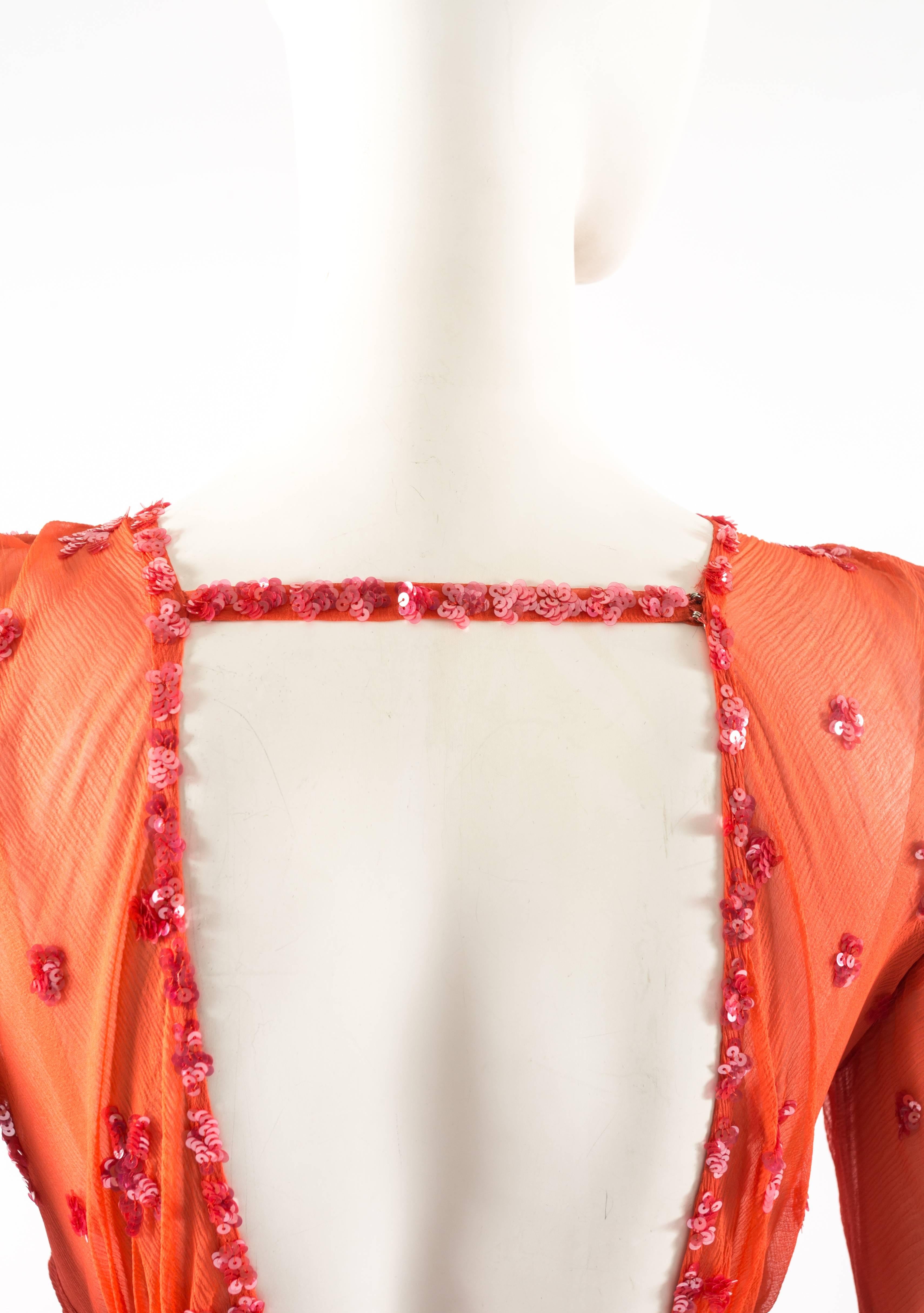 Red 1930s coral silk chiffon evening dress with sequinned star embellishment