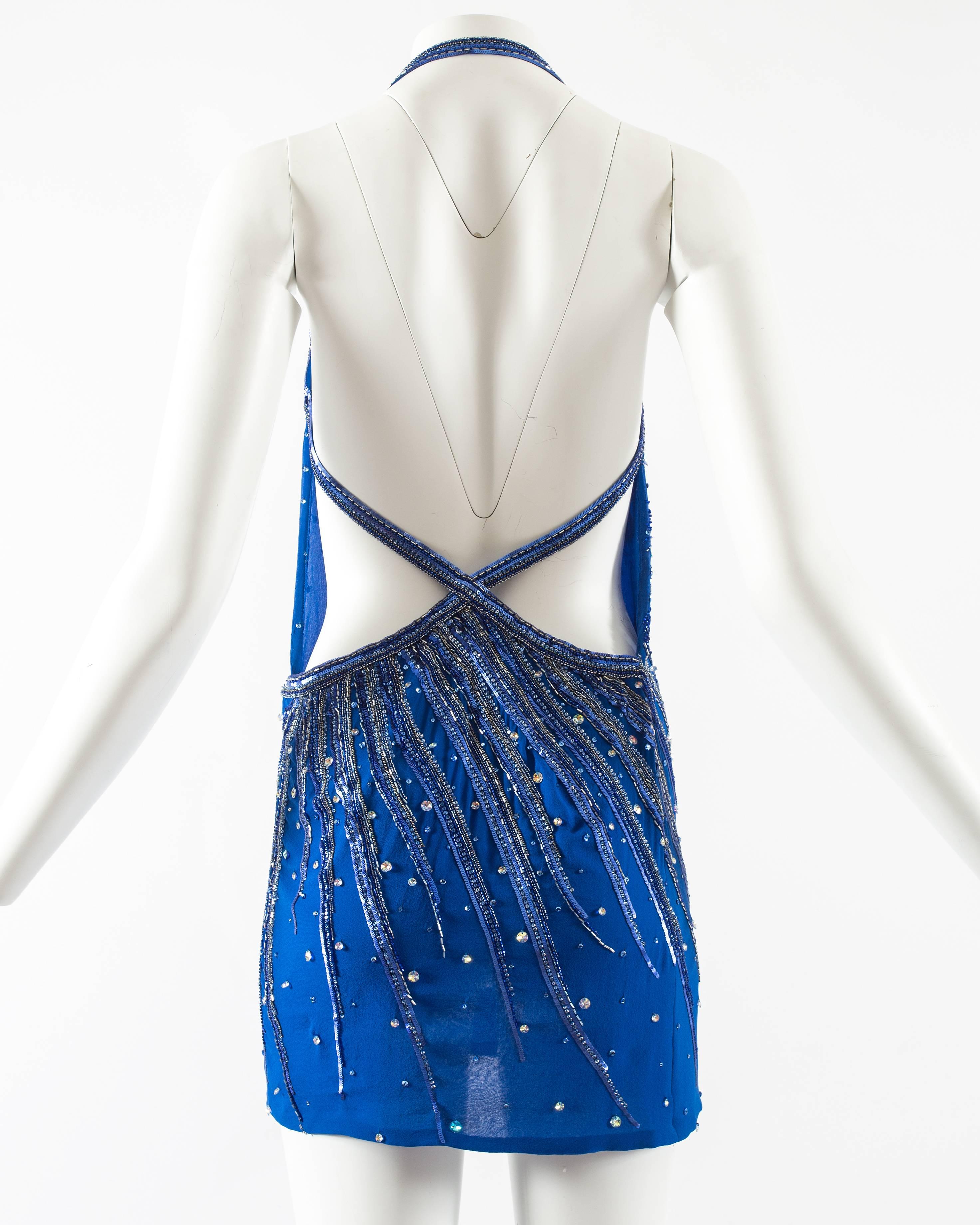 Atelier Versace Haute Couture 1990s embellished halter neck mini dress with low back

- thousands of hand sew beads and rhinestones 
- internal boning 
- 100% silk chiffon