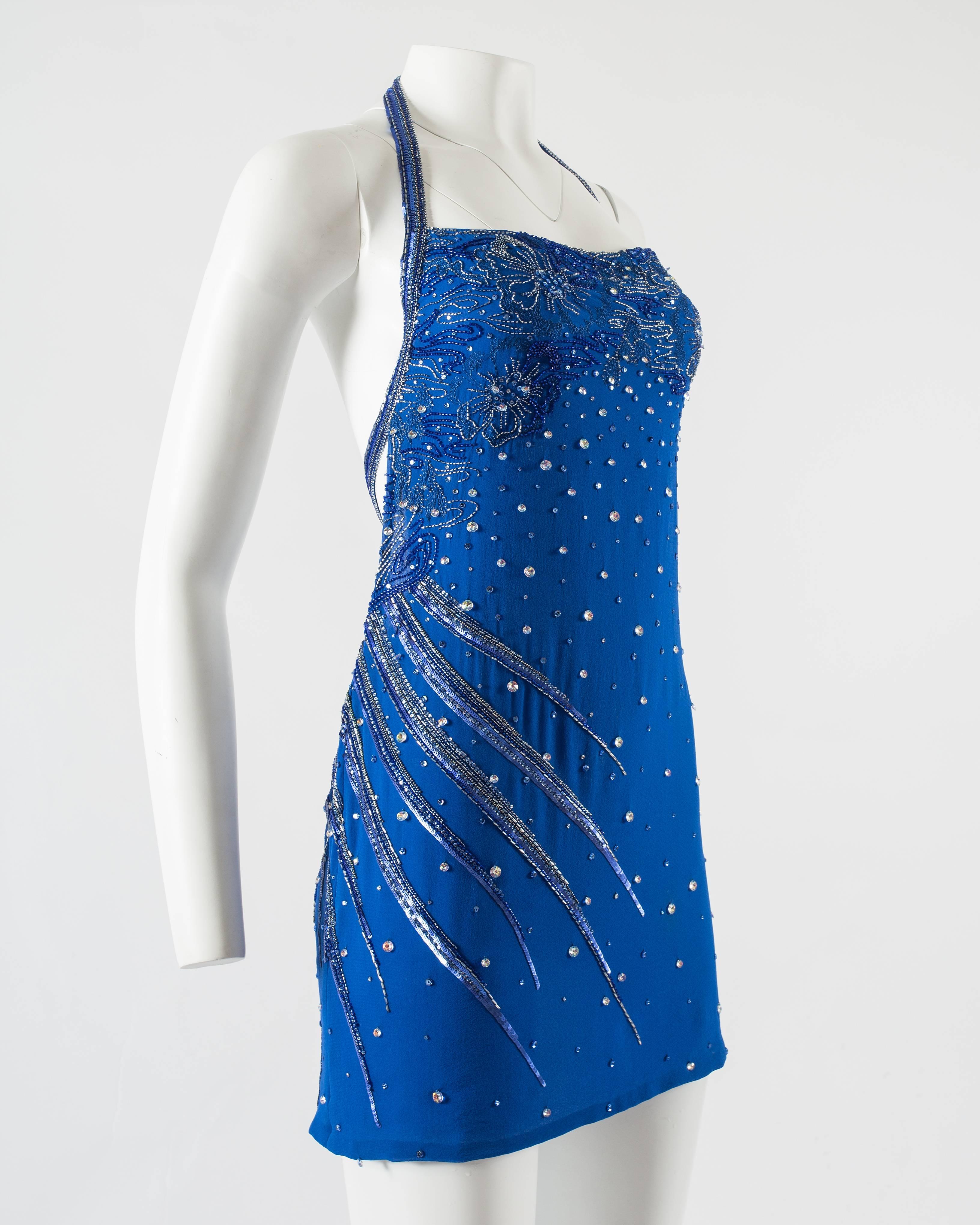 Blue Atelier Versace 1990s embellished halter neck silk mini dress with low back
