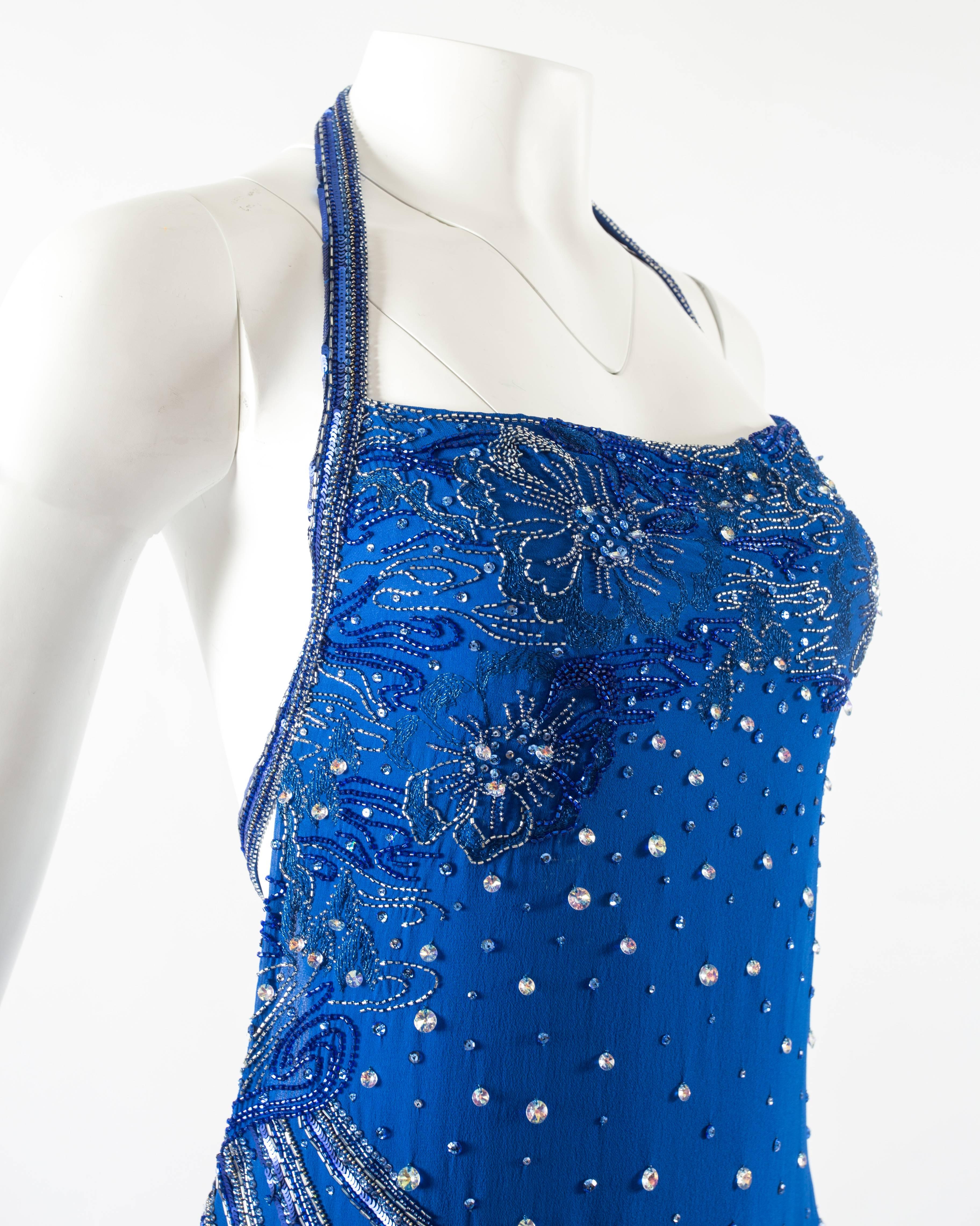 Atelier Versace 1990s embellished halter neck silk mini dress with low back In Good Condition In London, GB