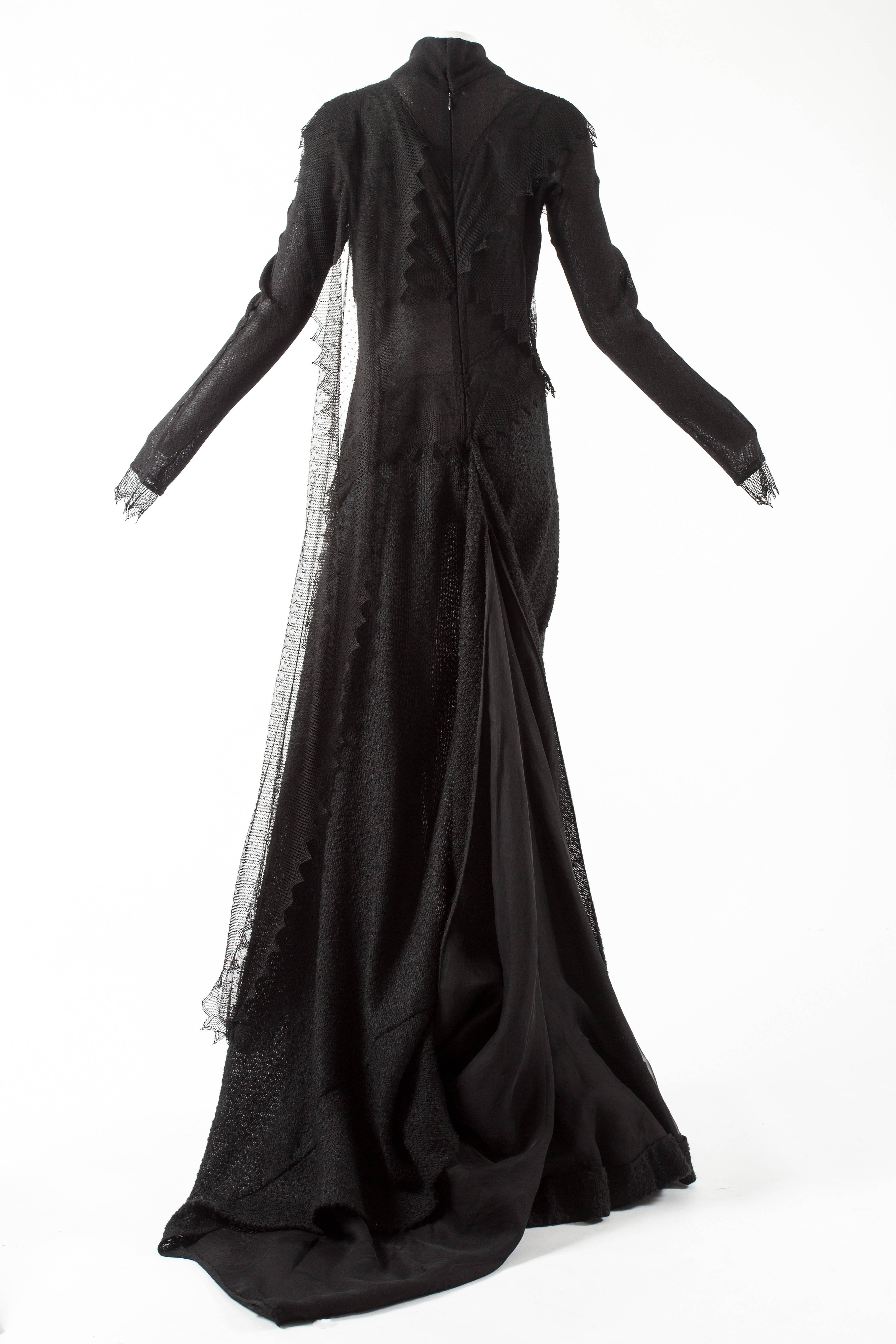 Ocimar Versolato Haute Couture black bouclé wool and knitted lace dress, fw 1998 In Excellent Condition For Sale In London, GB