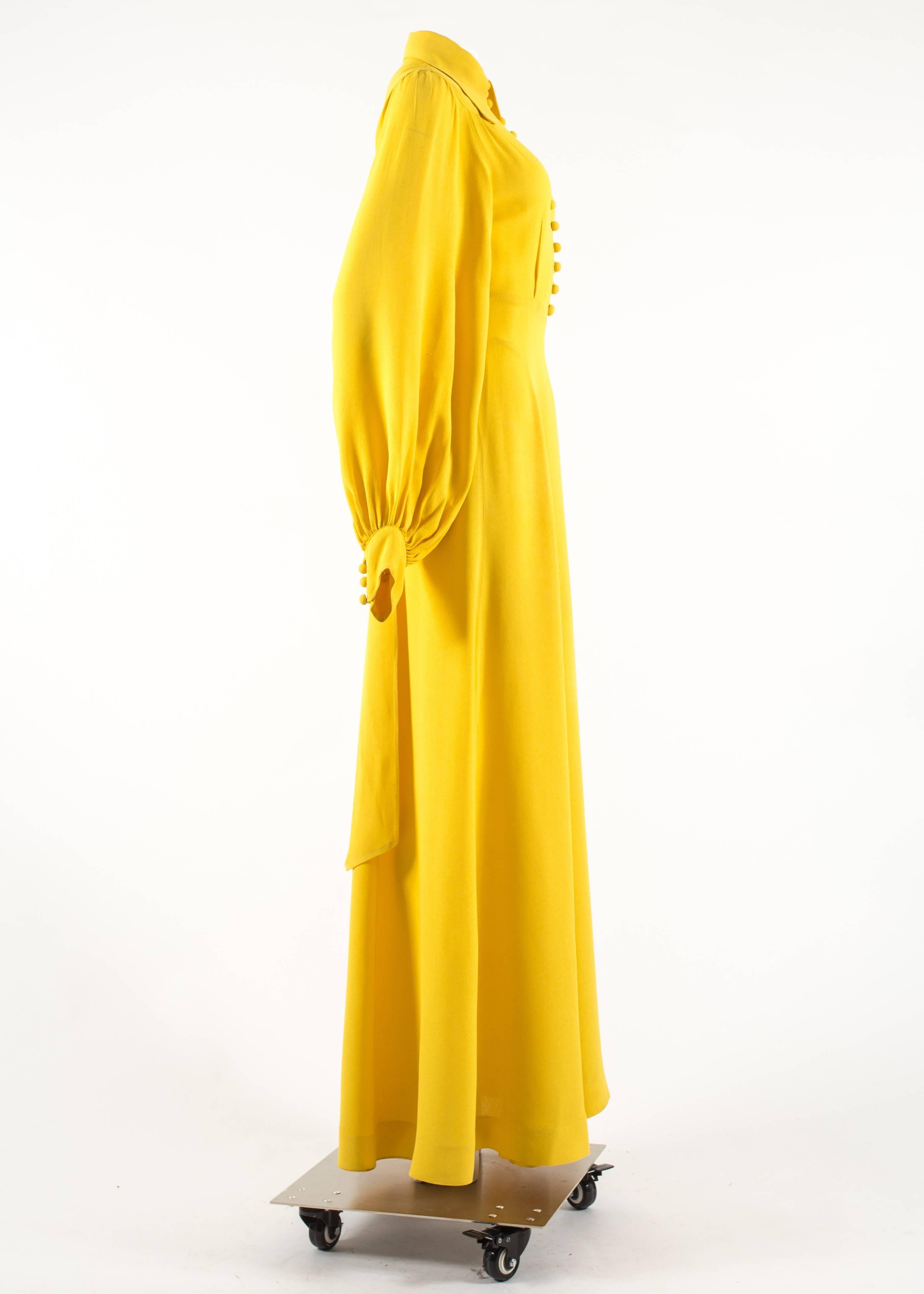Ossie Clark 1970 Canary Yellow Moss Crepe Maxi Dress In Good Condition In London, GB