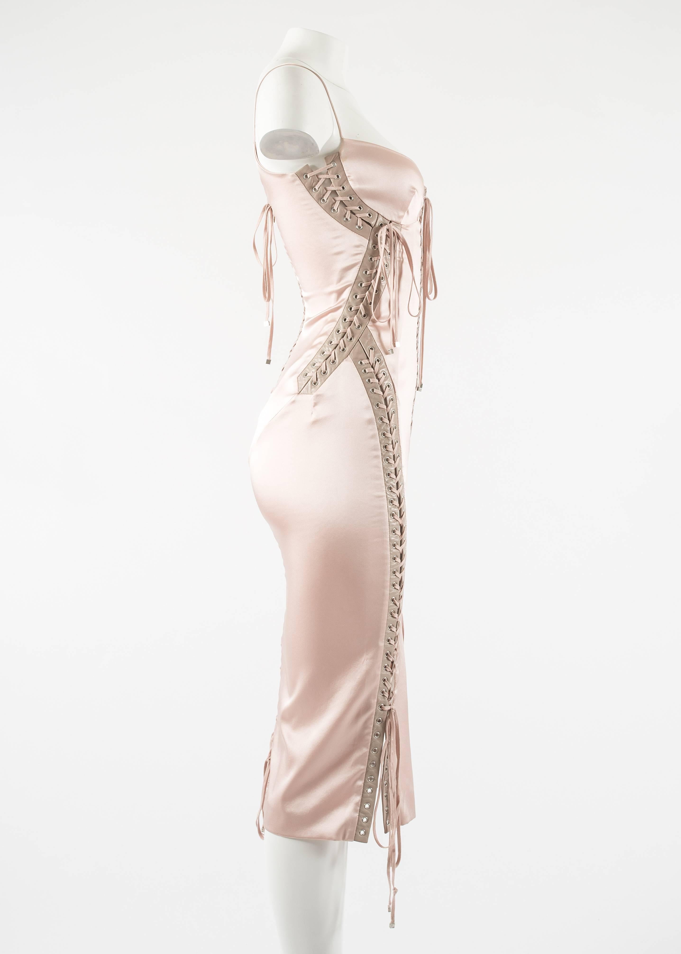 Dolce & Gabbana Spring-Summer 2003 pink silk and leather lace up evening dress In Excellent Condition In London, GB