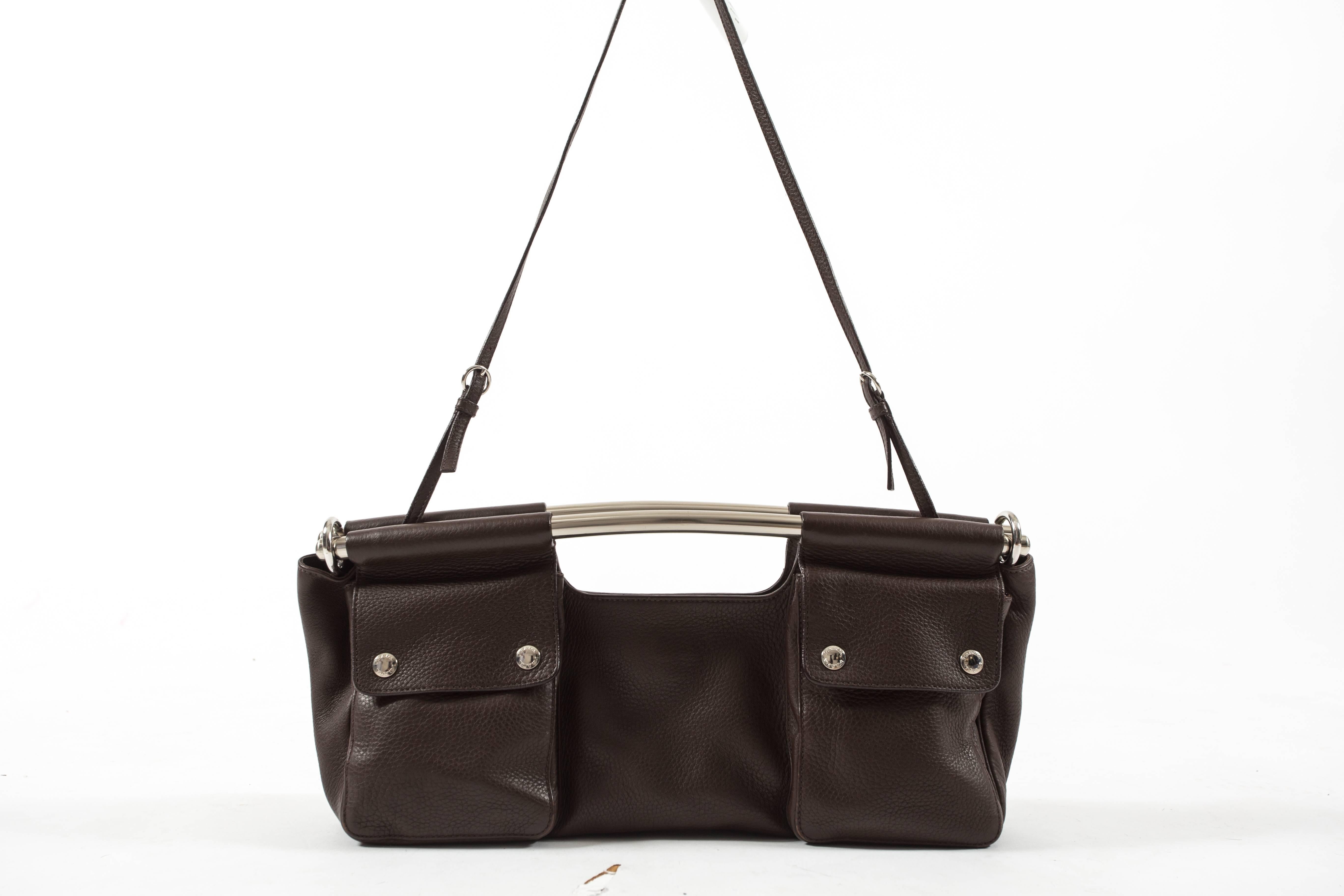 Prada Spring-Summer 2003 brown leather metal bar bag In Excellent Condition In London, GB