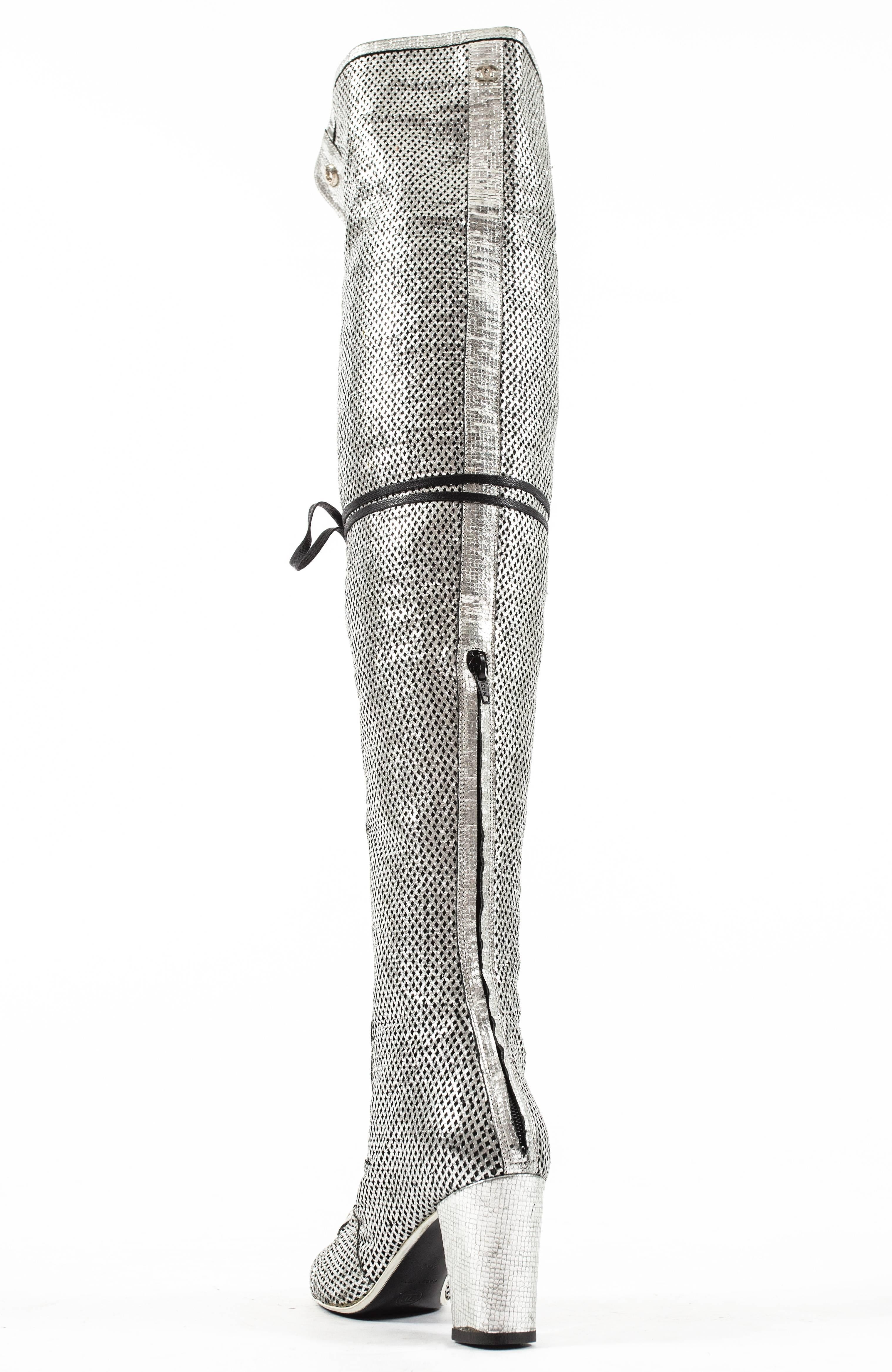 Silver Chanel Spring-Summer 2008 metallic silver thigh high laser cut leather boots