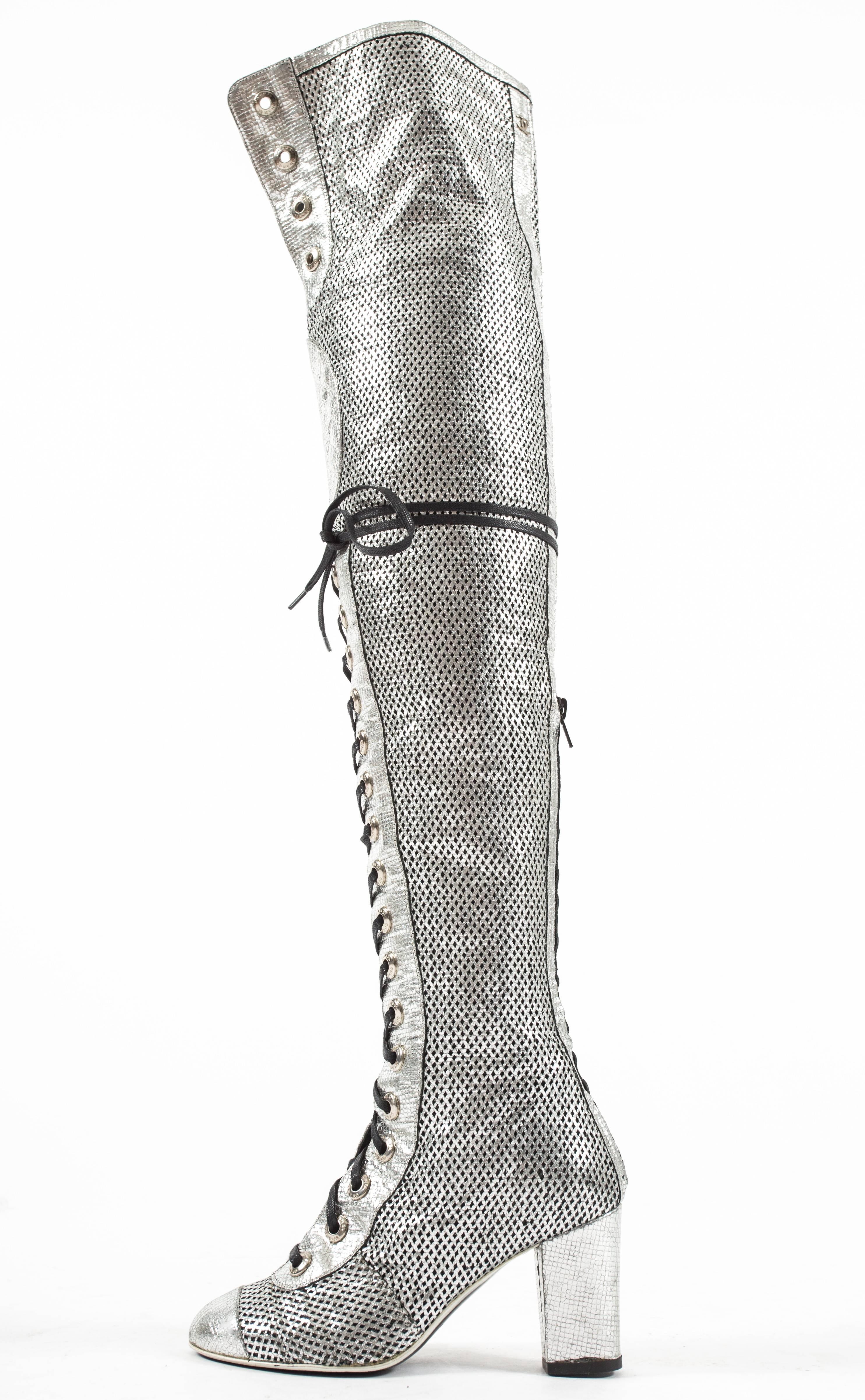 metallic silver thigh high boots