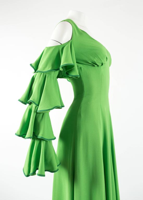 1970s British moss crepe green cold shoulder evening dress For Sale at ...