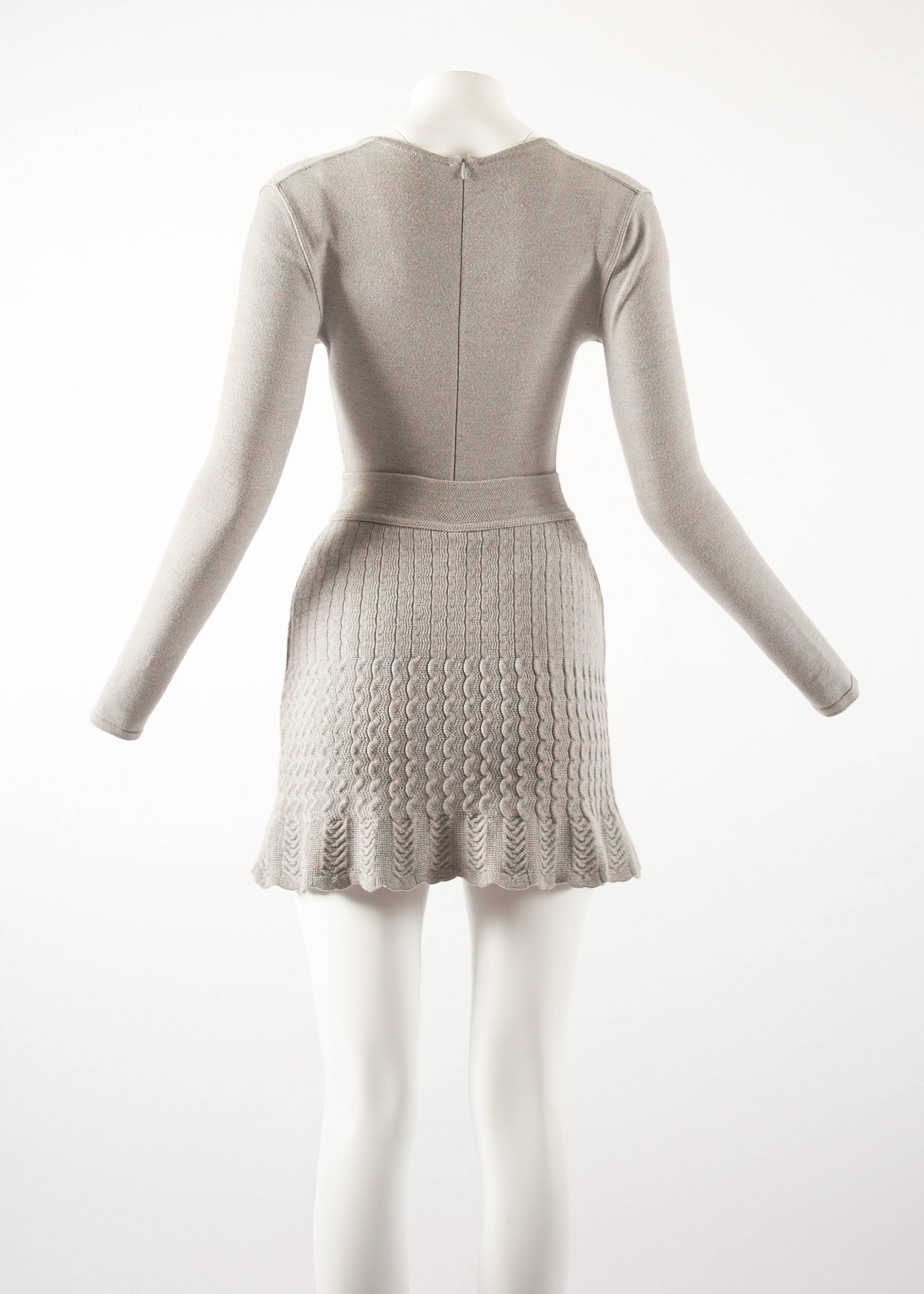 Alaia 1990s dove grey knitted bodysuit and mini skirt ensemble  In Excellent Condition In London, GB