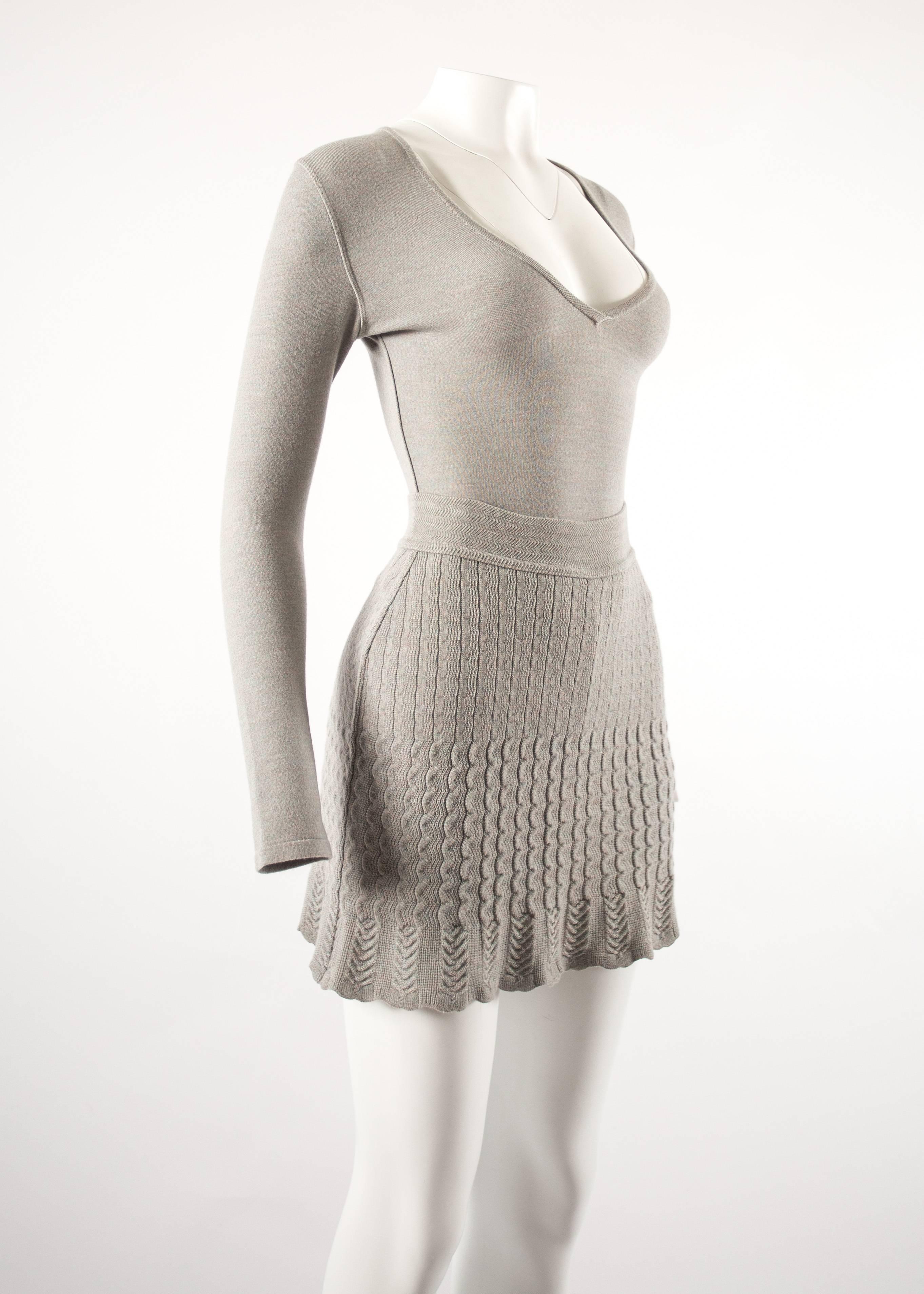 Gray Alaia 1990s dove grey knitted bodysuit and mini skirt ensemble 