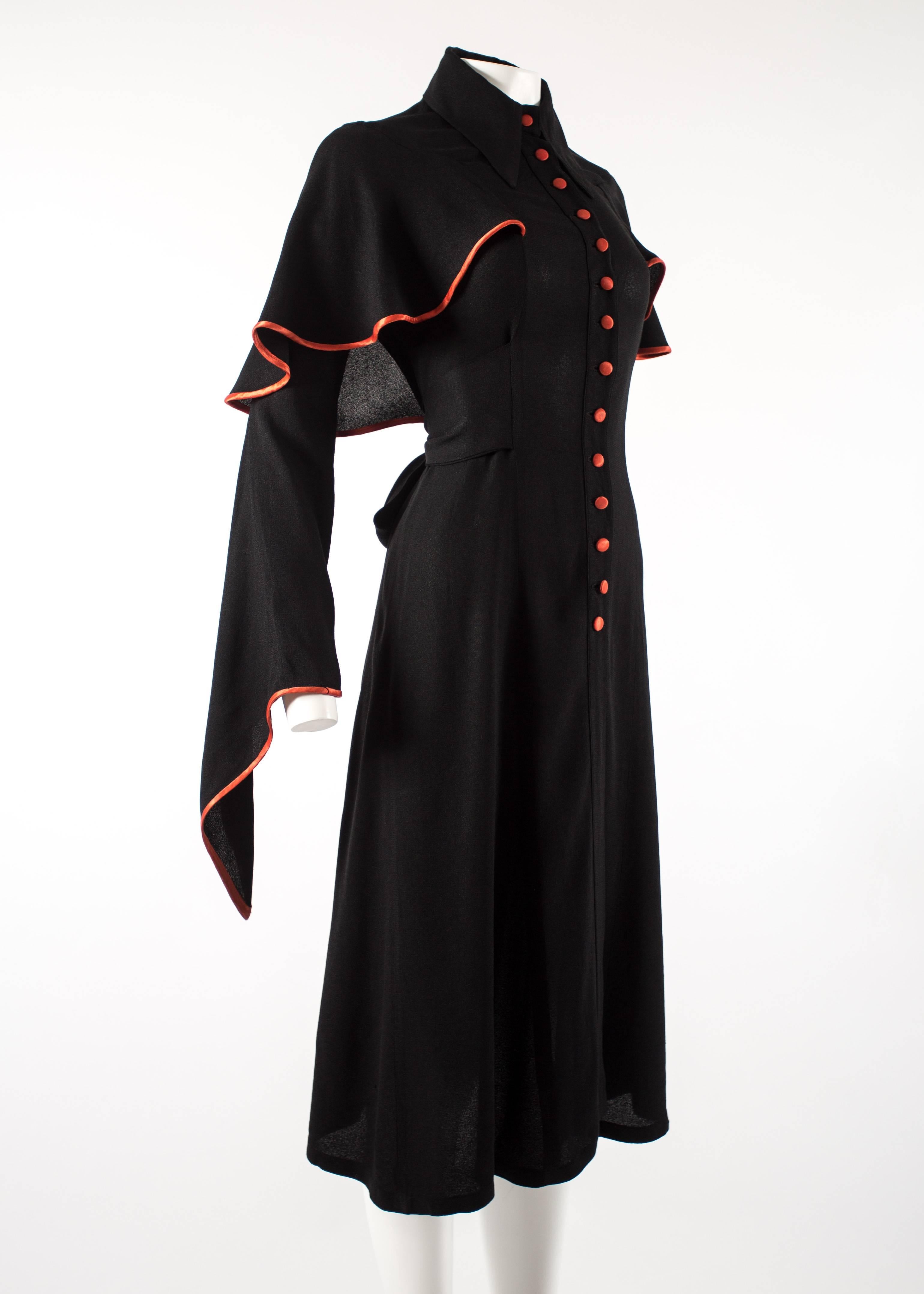 Ossie Clark 1970 black moss crepe mid length dress with red satin trim  In Good Condition In London, GB
