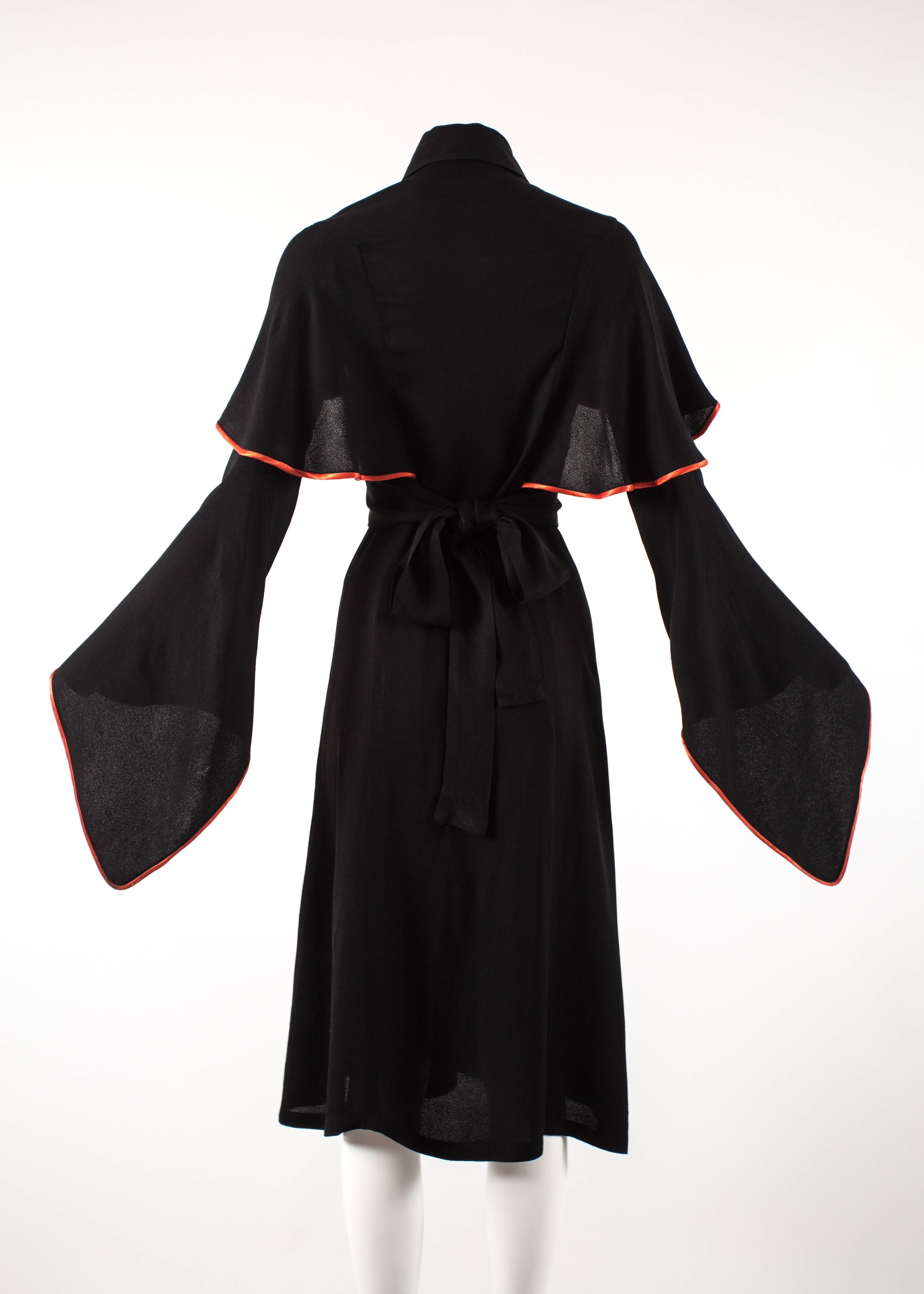 Women's Ossie Clark 1970 black moss crepe mid length dress with red satin trim 