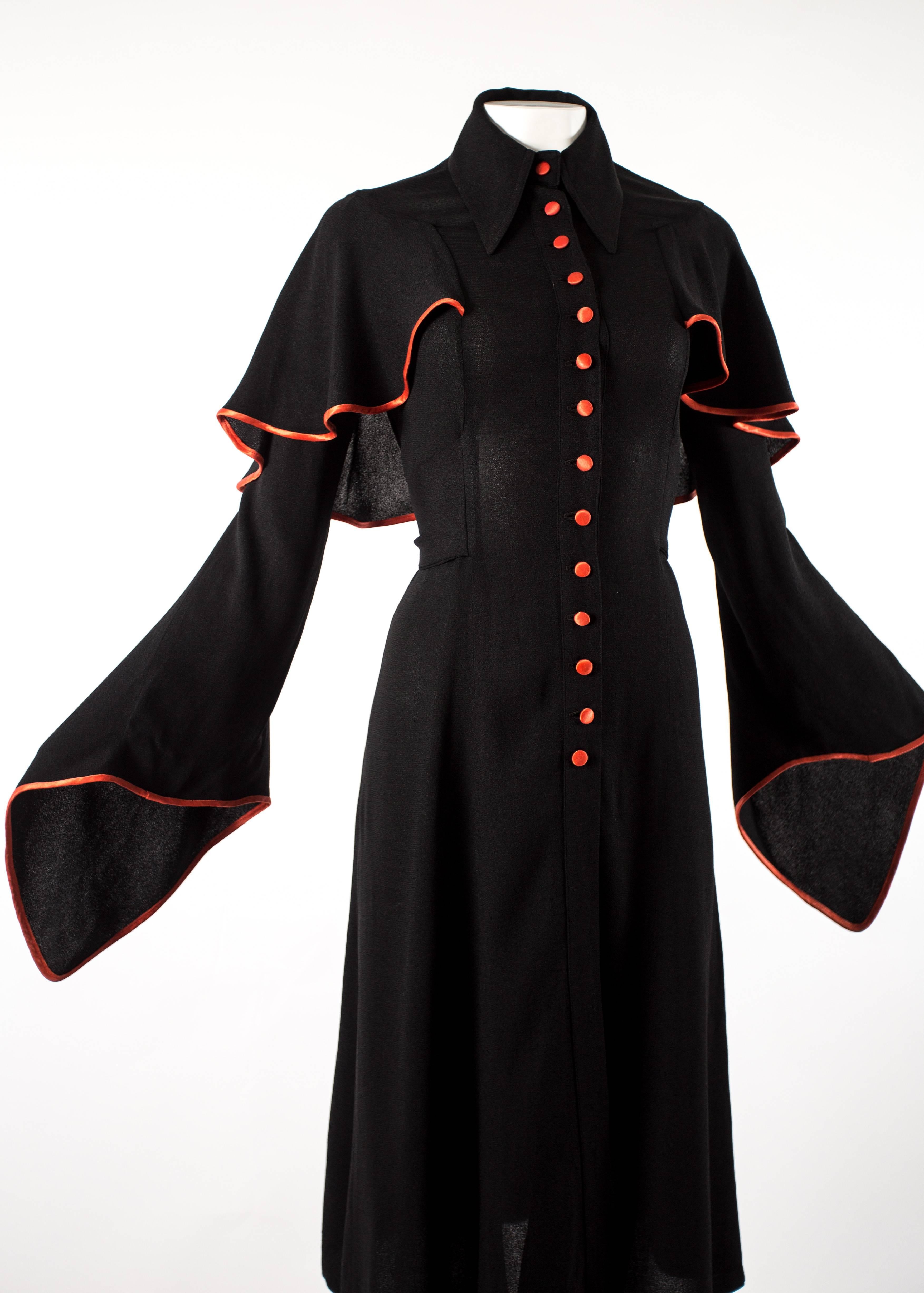 Black Ossie Clark 1970 black moss crepe mid length dress with red satin trim 