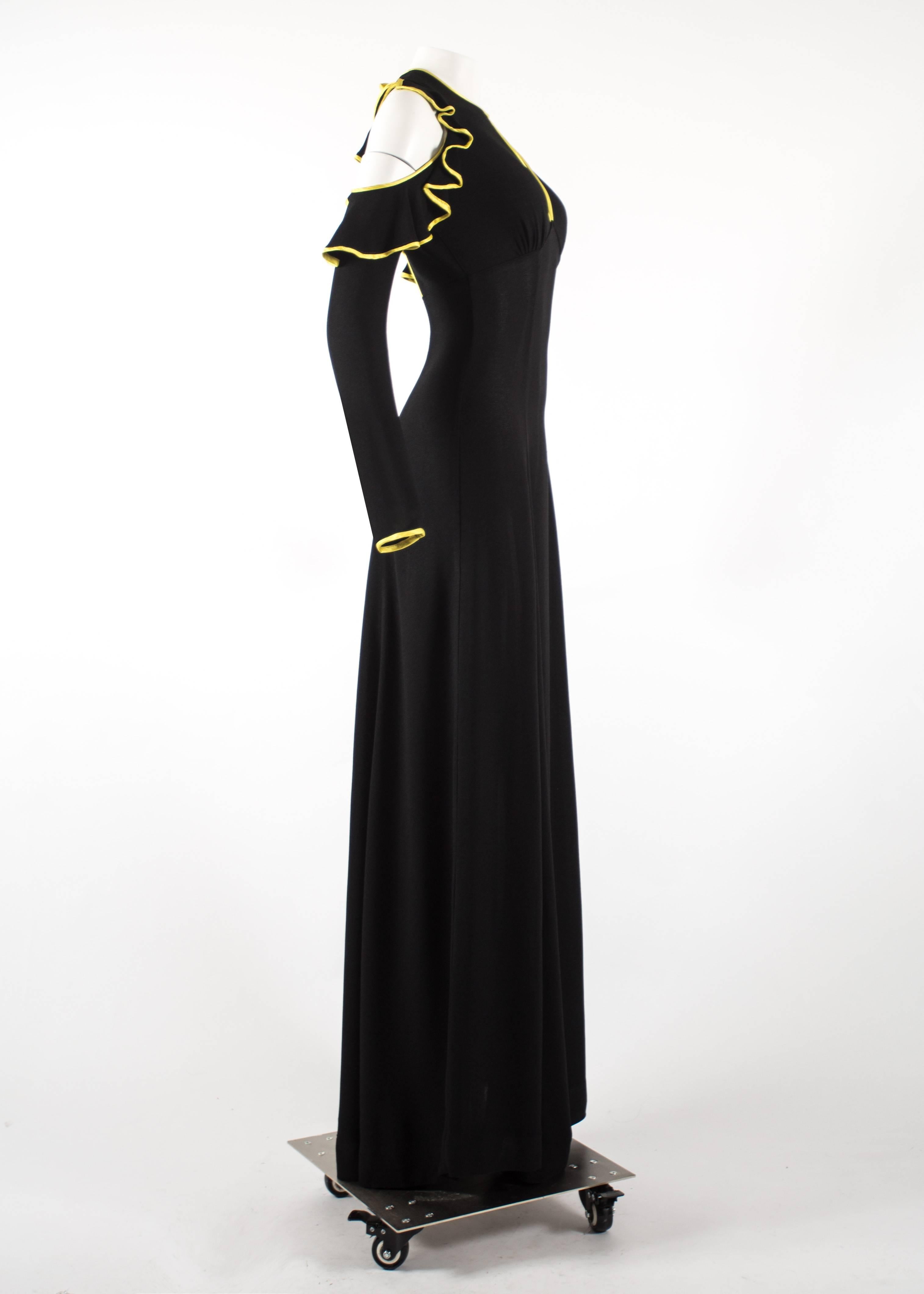 Ossie Clark 1968 black moss crepe evening dress with yellow satin trim In Good Condition In London, GB