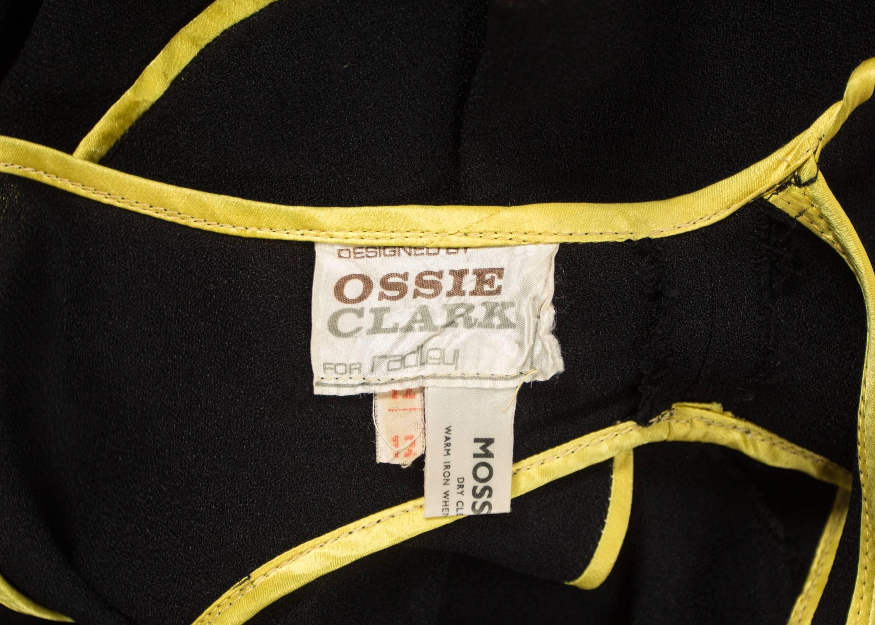 Ossie Clark 1968 black moss crepe evening dress with yellow satin trim 2