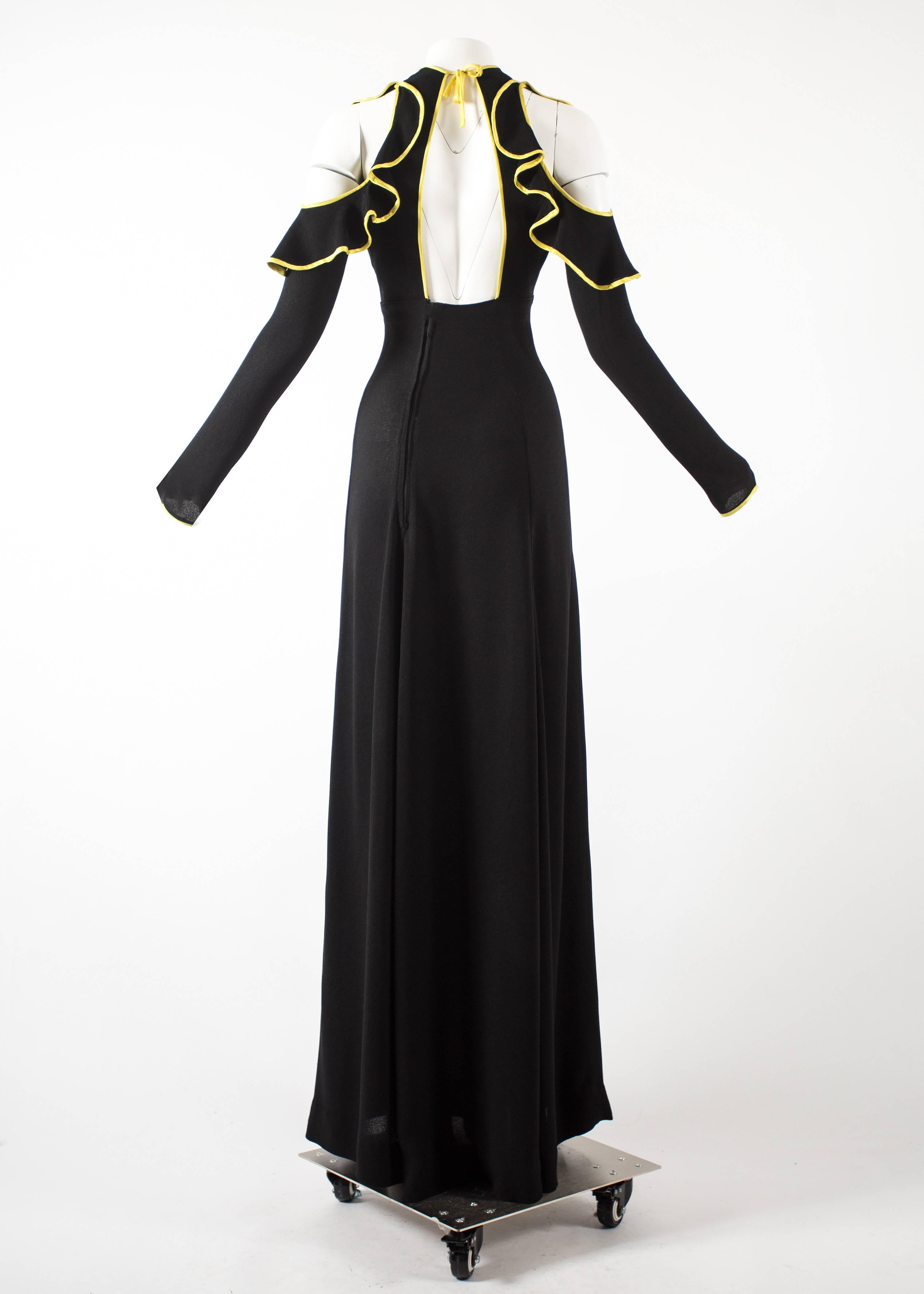 Women's Ossie Clark 1968 black moss crepe evening dress with yellow satin trim