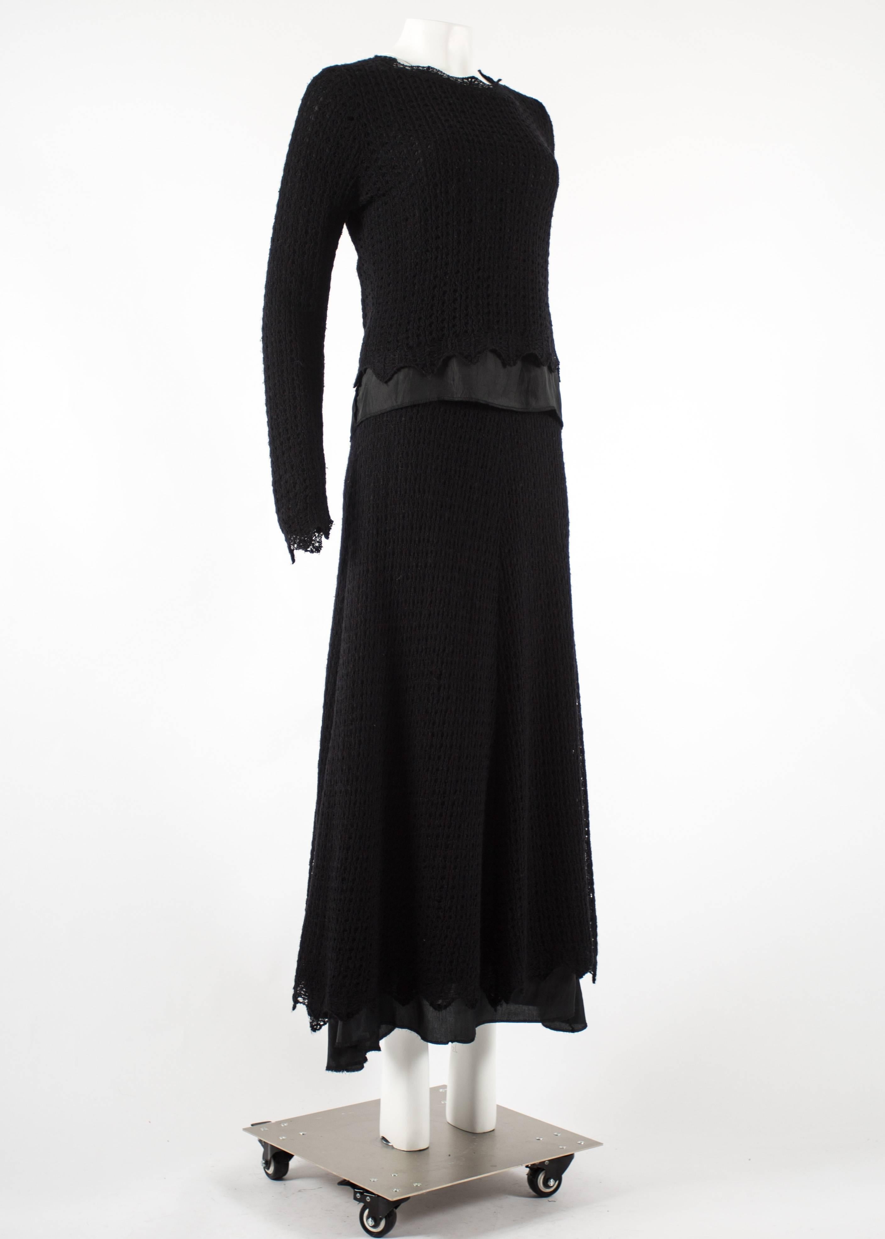 Maison Martin Margiela early 1990s black crochet wool and satin skirt suit In Good Condition In London, GB