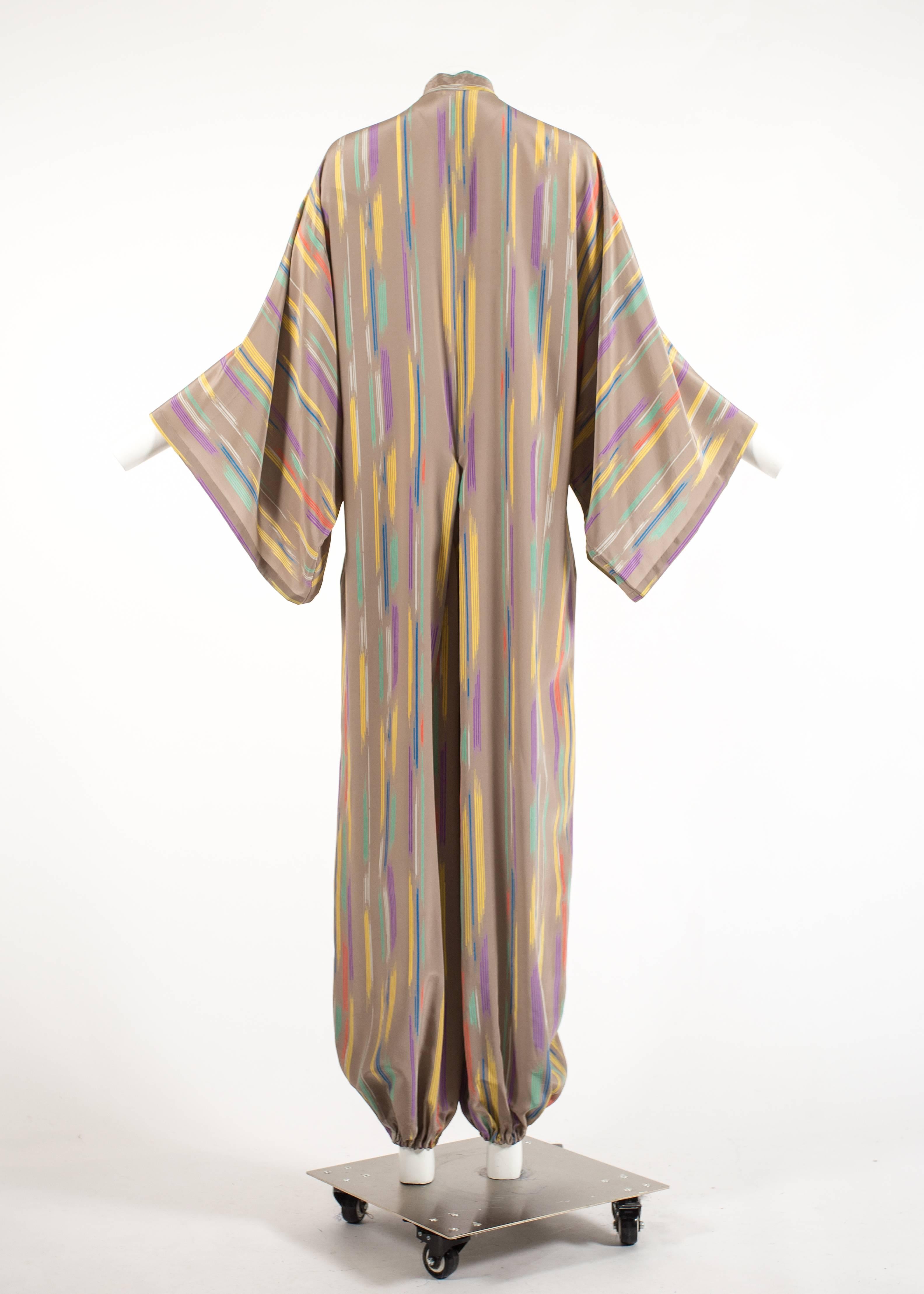 Brown Issey Miyake Autumn-Winter 1976 silk harem jumpsuit with Tadanori Yokoo print