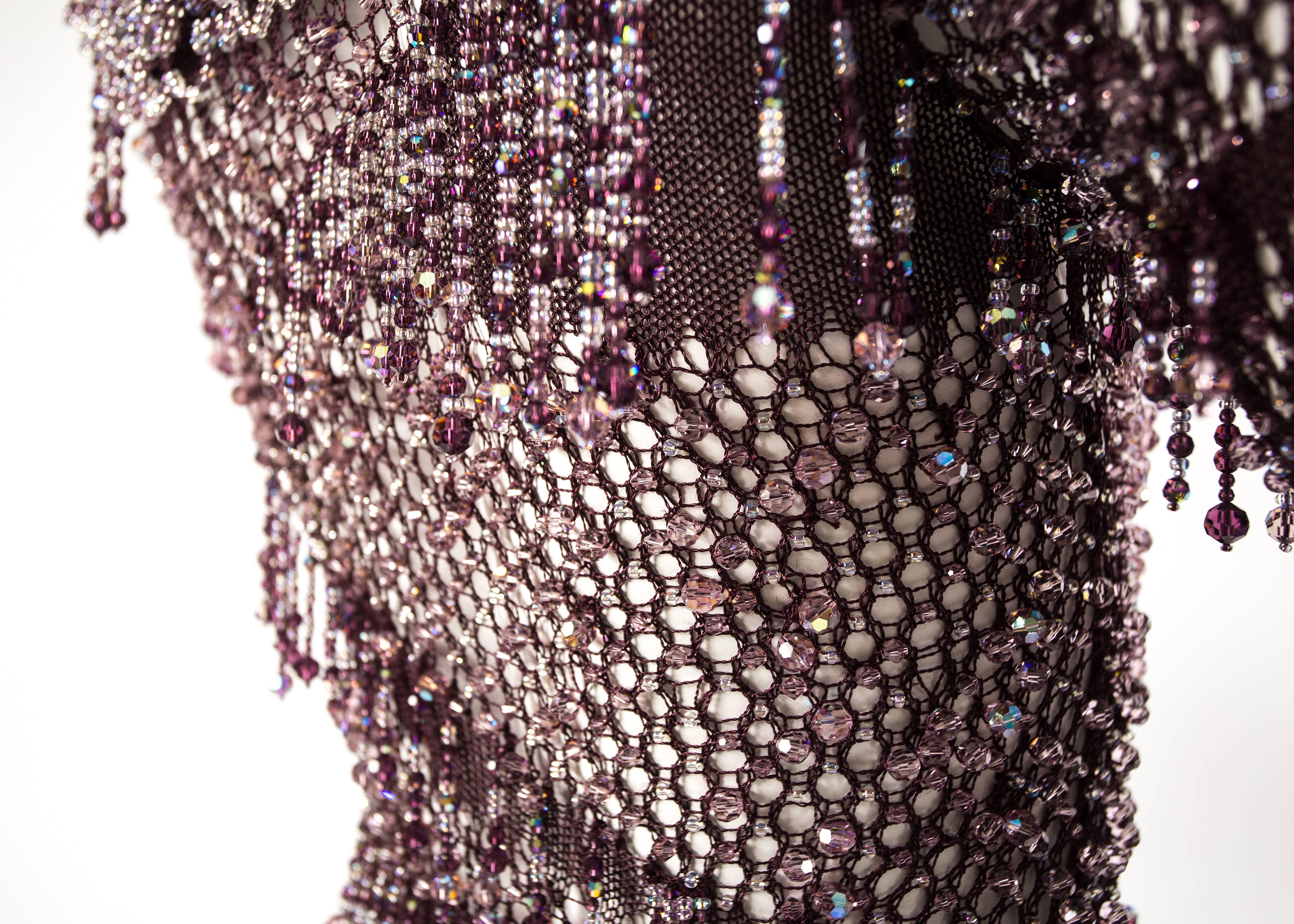 Julien Macdonald Autumn-Winter 2004 purple beaded knitted mini dress In Excellent Condition In London, GB