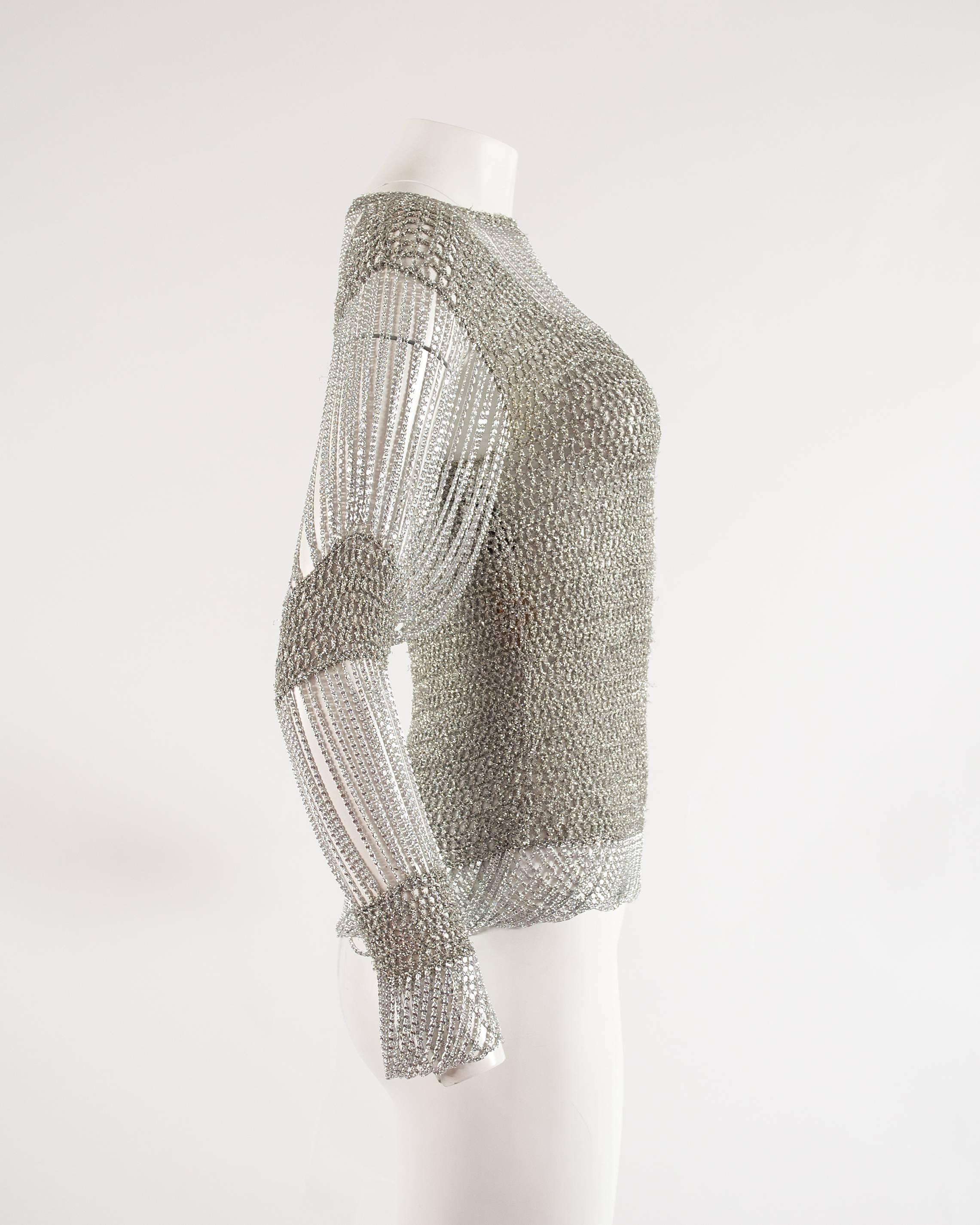 Loris Azzaro 1970 silver chain and lurex knit evening sweater In Good Condition In London, GB