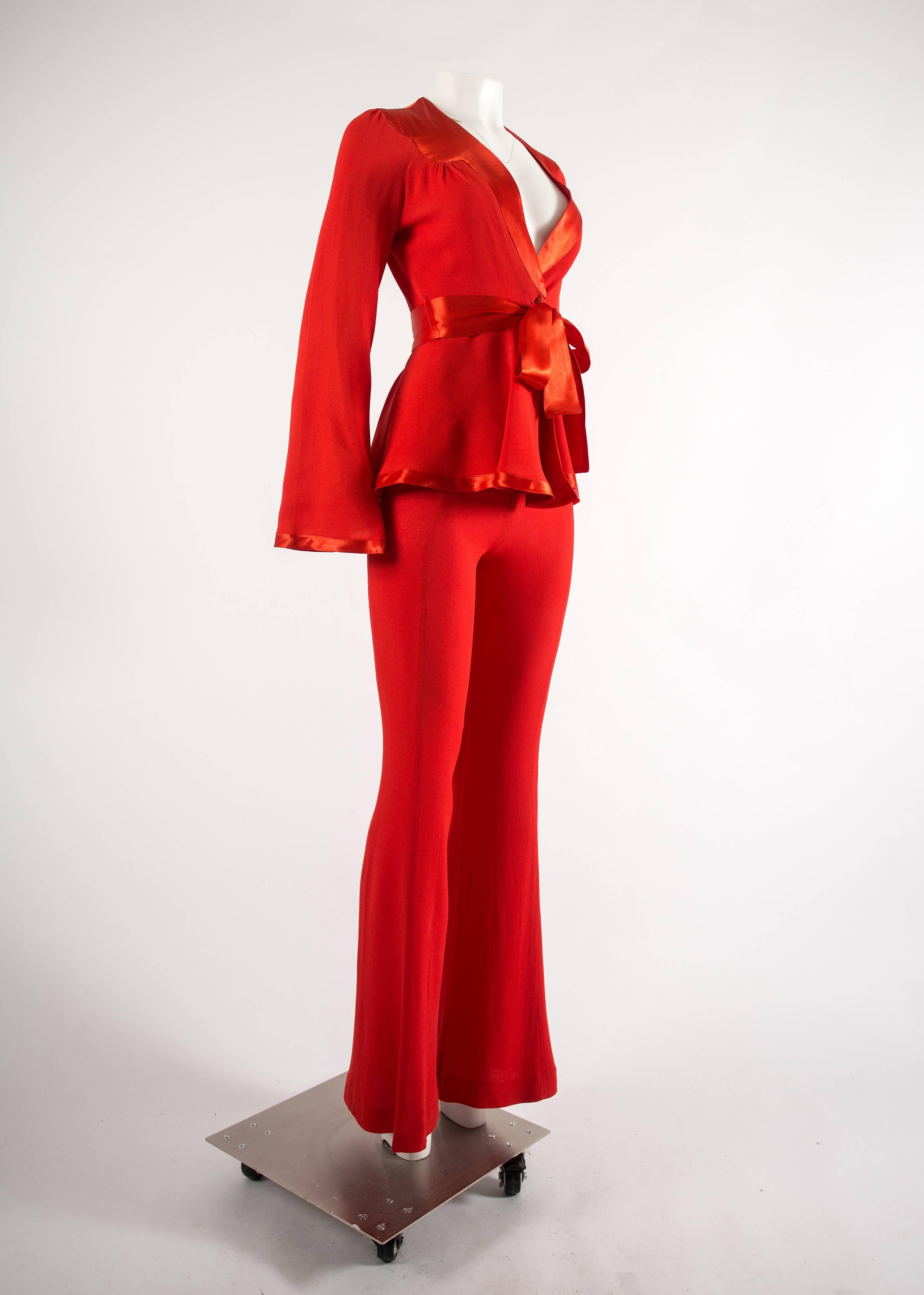 red satin pant suit