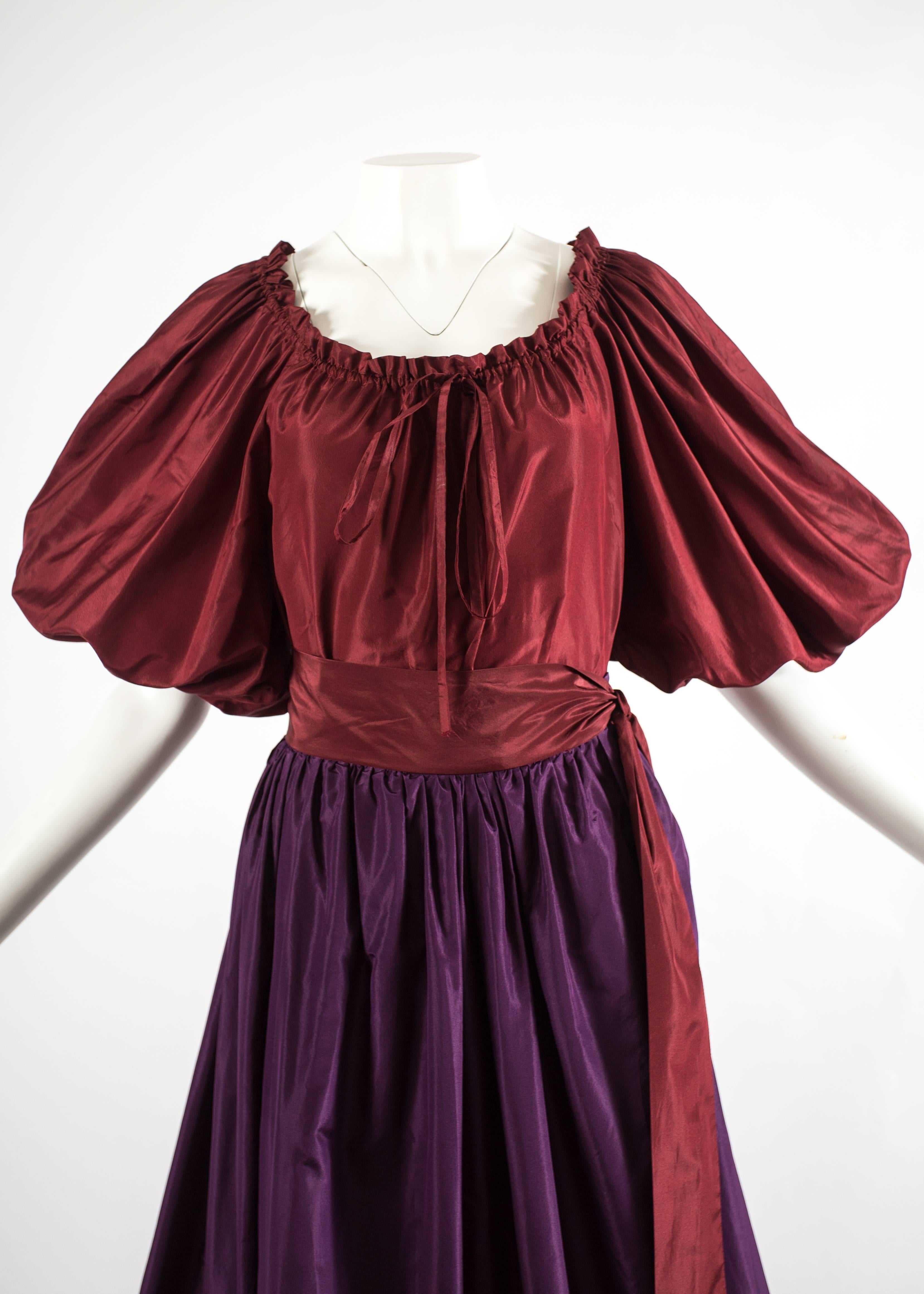 Black Yves Saint Laurent 1978 silk taffeta blouse and skirt ensemble 