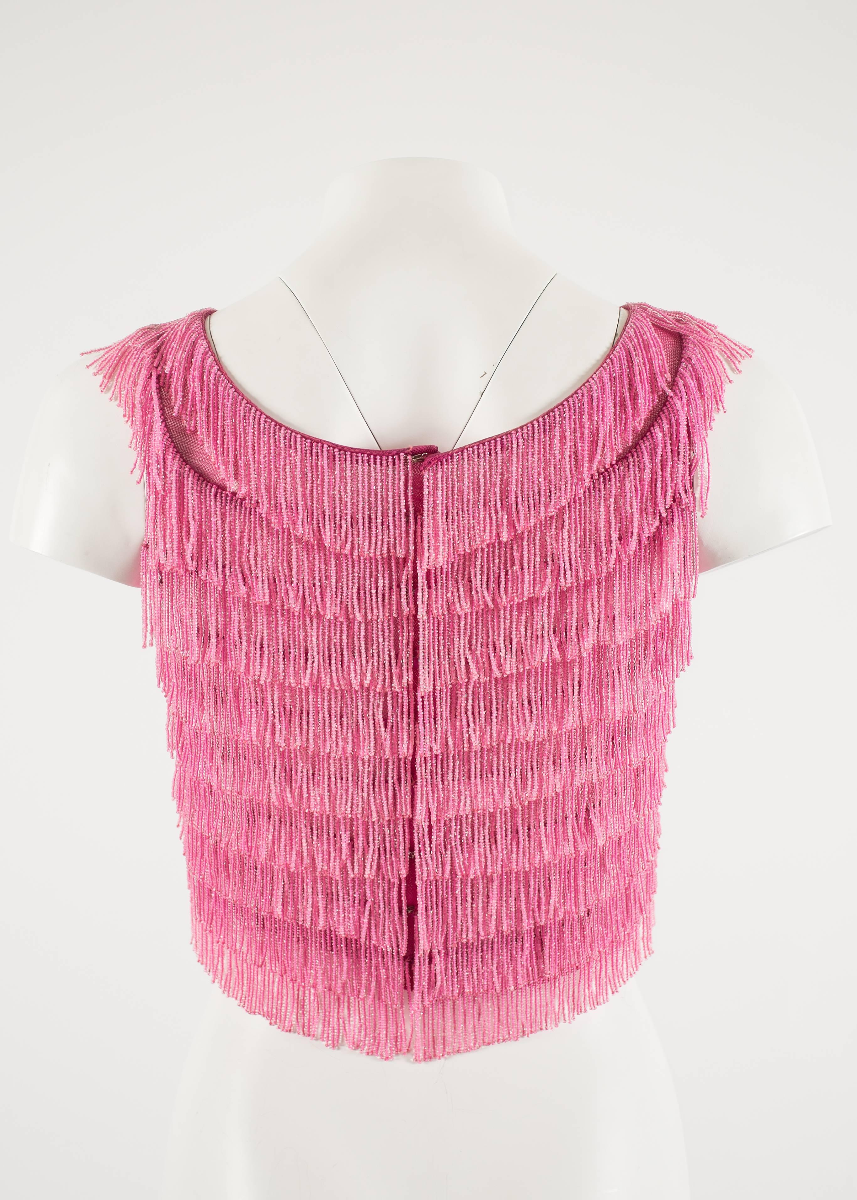 1960 hot pink beaded fringed cropped evening vest In Excellent Condition In London, GB